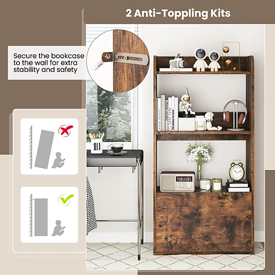 SUGIFT Rustic Brown Freestanding Bookshelf with 3-Tier Open Shelf and Pull-Out Drawer