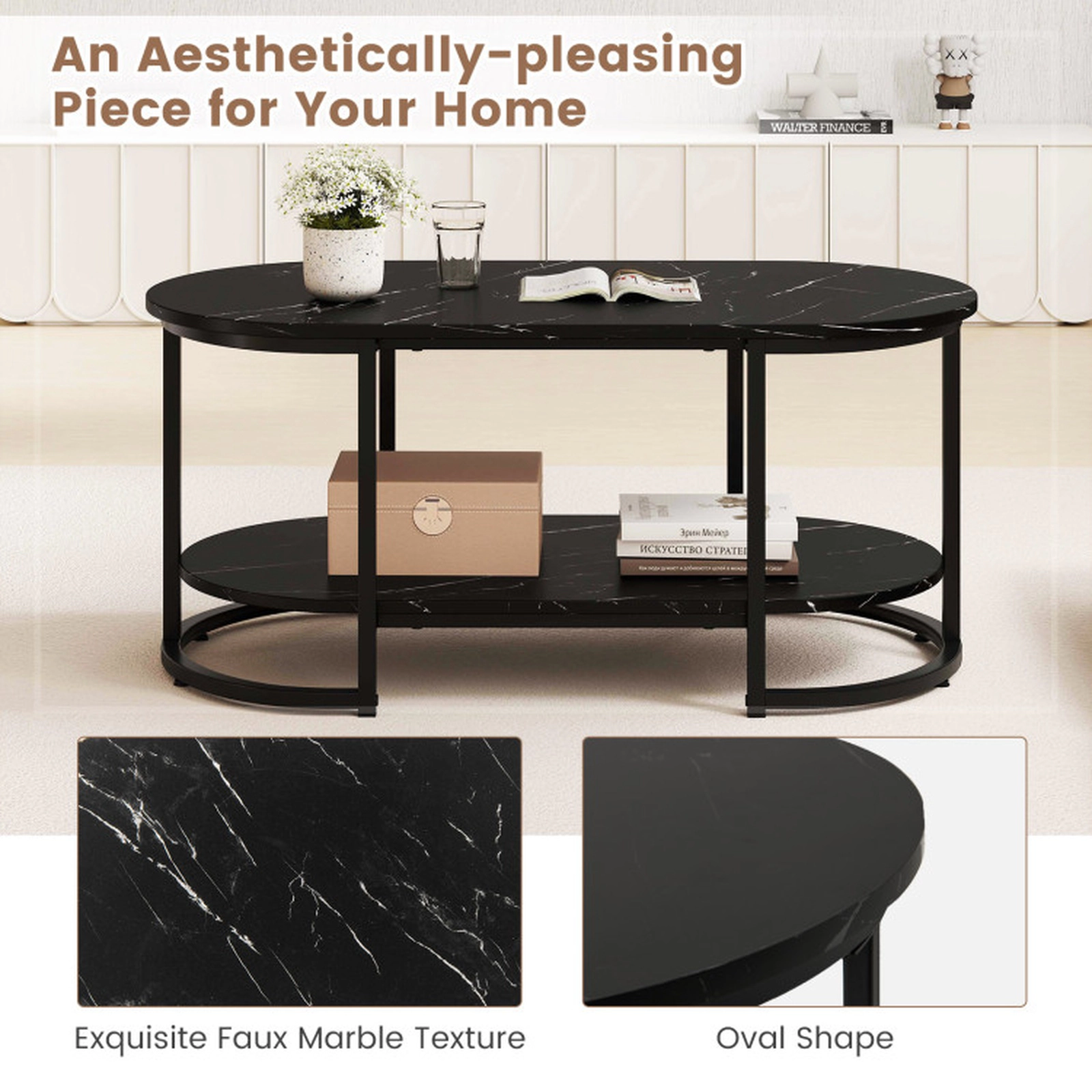 SUGIFT Oval Faux Marble Top 2-Tier Open Storage Coffee Table 39.5-in x 19.5-in x 18-in 88-lb per Shelf Black