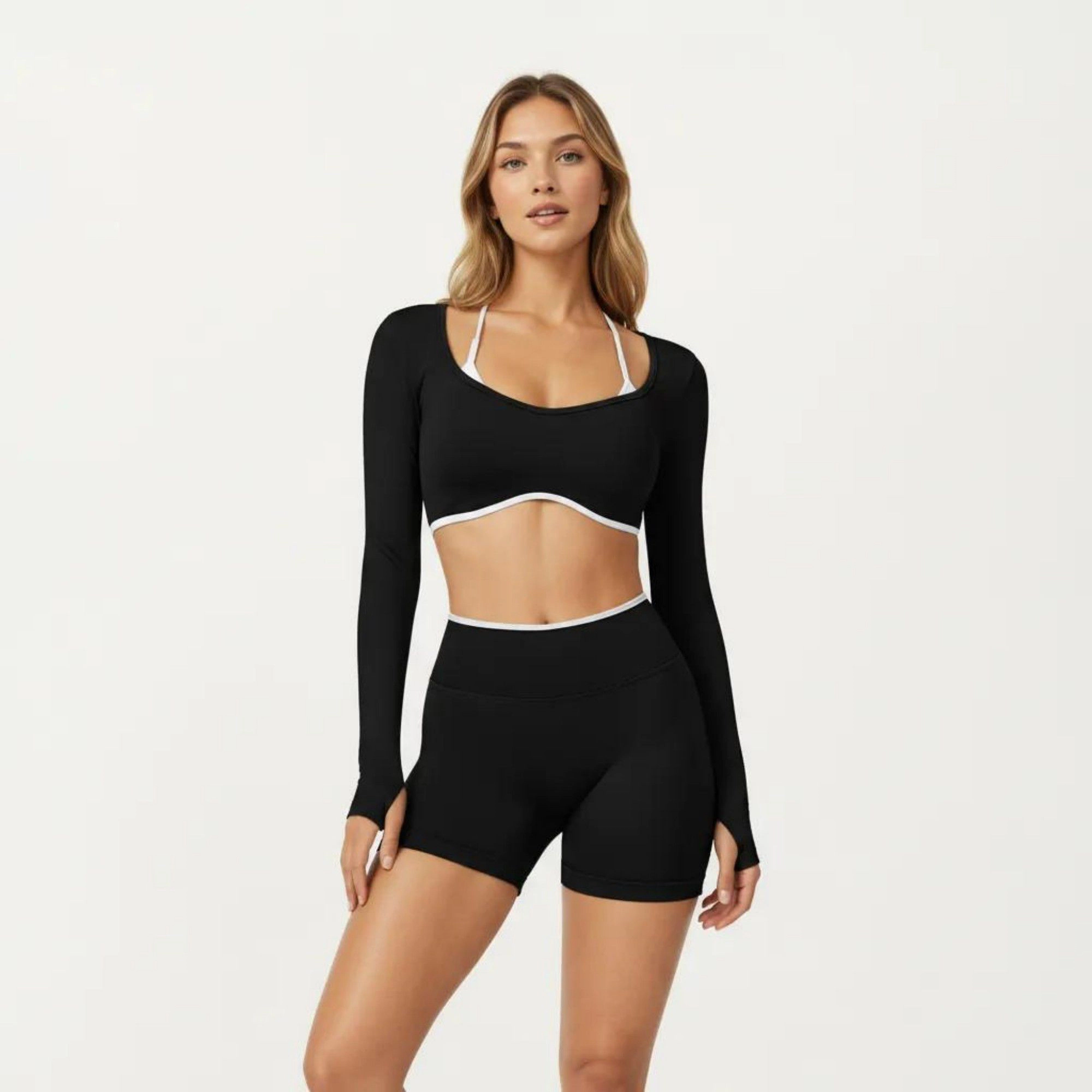Anna-Kaci Women's Long Sleeve Crop Top with Contrast Trim and Scoop Neckline