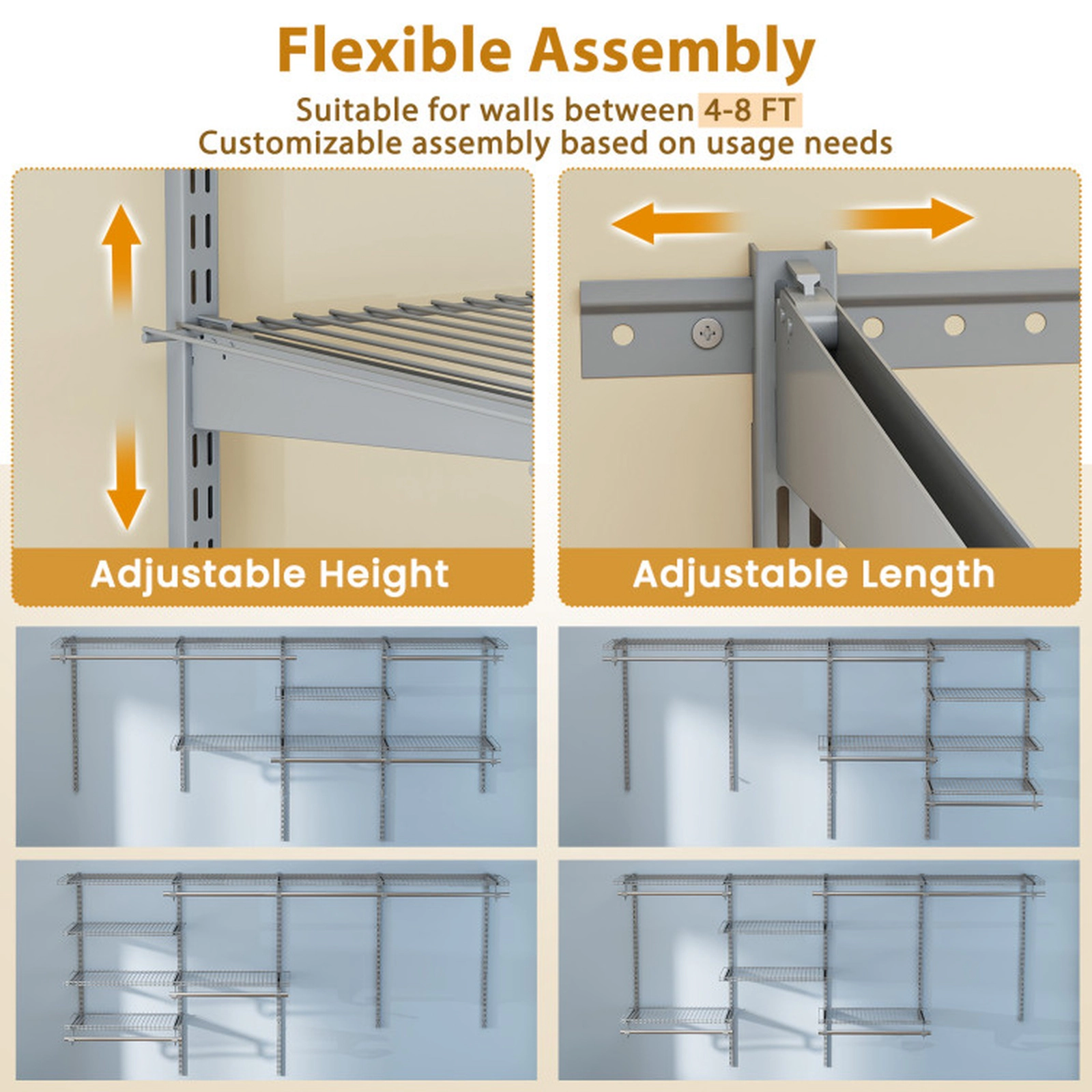SUGIFT Closet Organizer System Gray 4-8 Feet with Hanging Rods and 7 Shelves