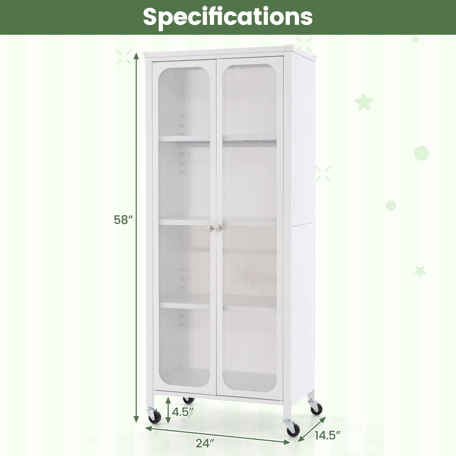 SUGIFT White Wheels and 2 Adjustable Shelves Glass Door Storage Cabinet