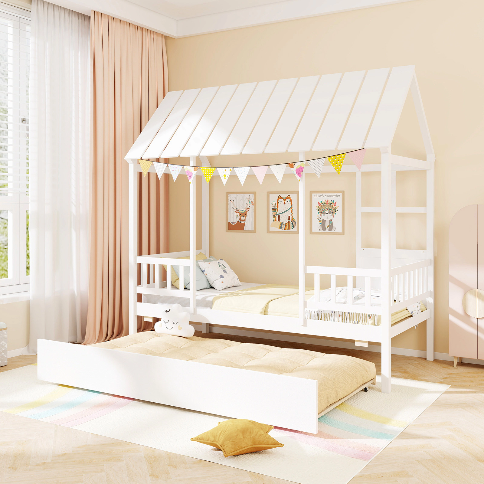 SUGIFT Twin House Bed with Trundle, Roof Window, Guardrails, White Pine Wood