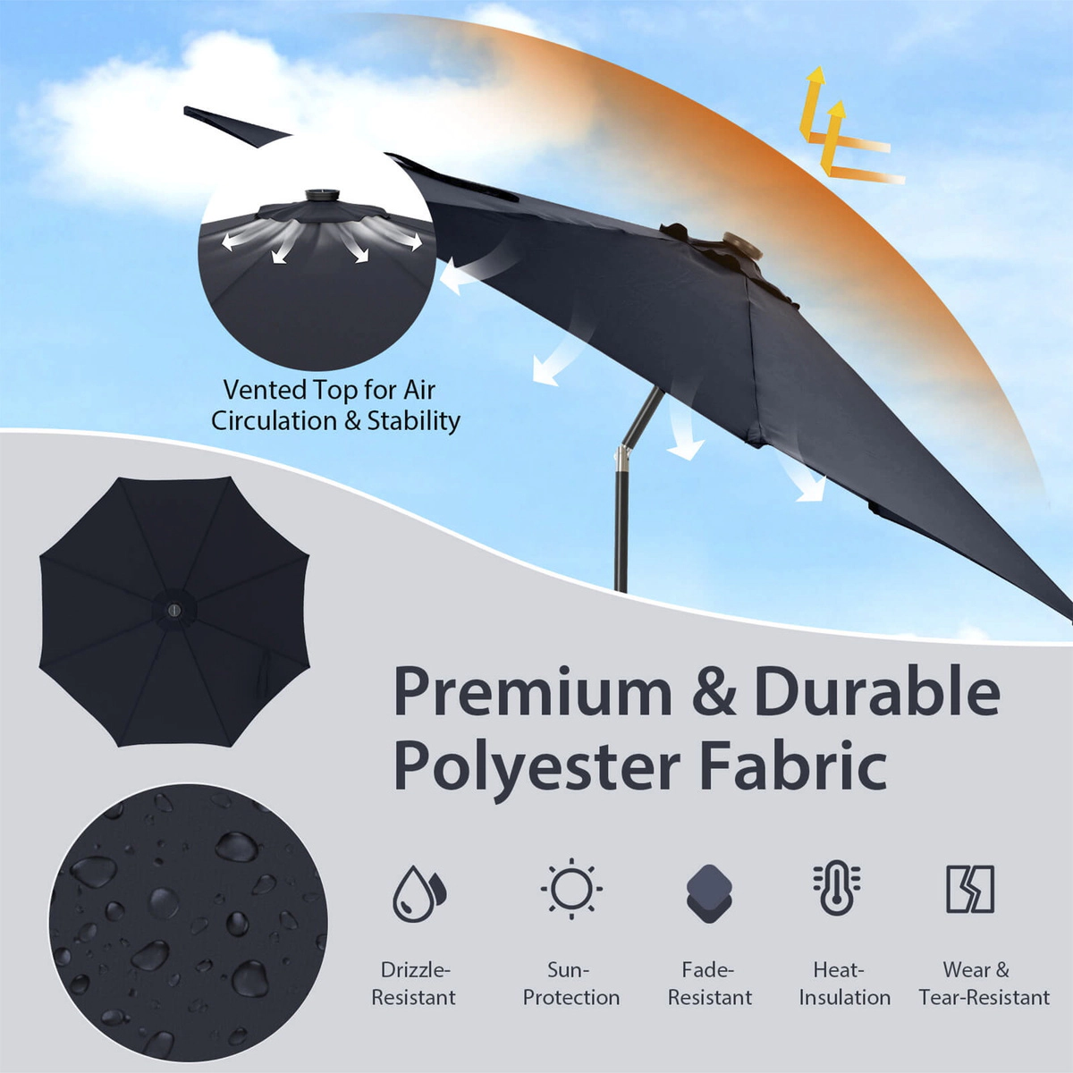 SUGIFT 10-Ft Solar Lighted Patio Umbrella with 112 LED Lights Crank Handle and Tilt 10 x 8.5 in Canopy Navy