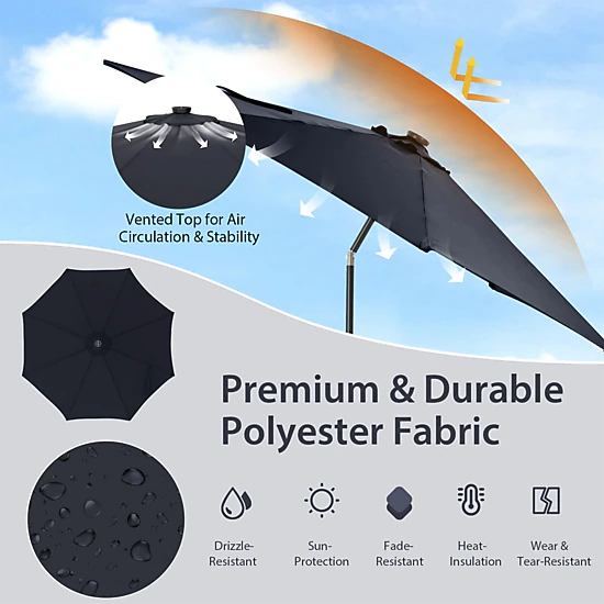 SUGIFT 10-Ft Solar Lighted Patio Umbrella with 112 LED Lights Crank Handle and Tilt 10 x 8.5 in Canopy Navy