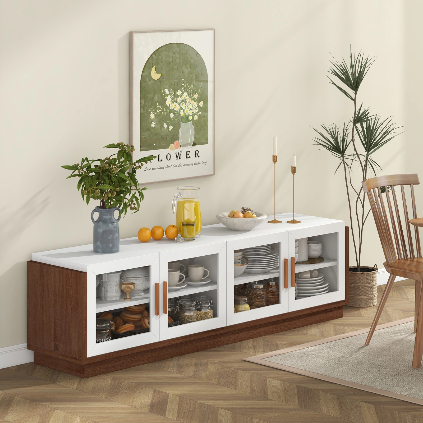 Glintex 70-Inch TV Stand with 4 Glass Doors for TVs up to 75 Inches, Brown + White