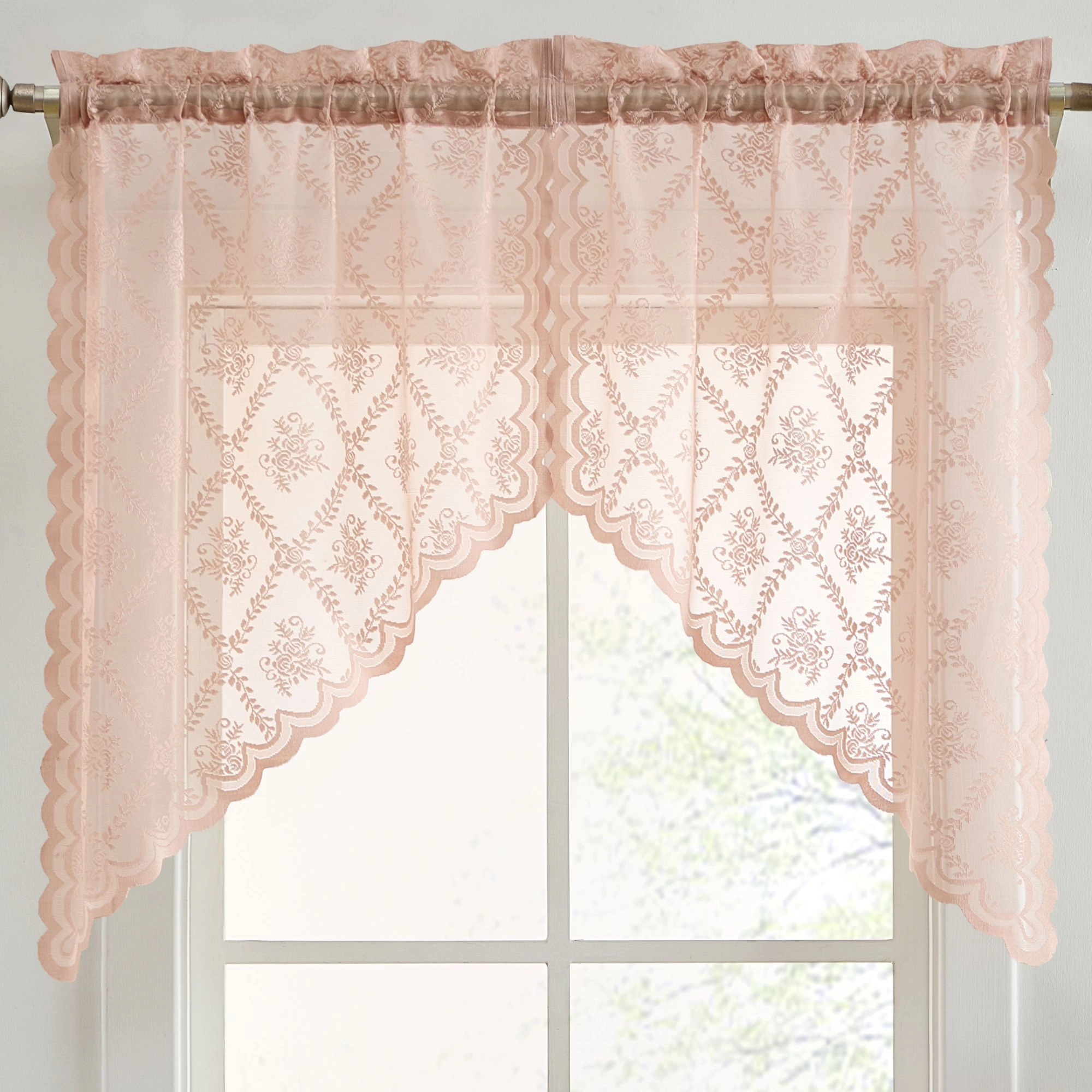 HLC.ME Isabella Floral Rod Pocket Lace Short Cafe Swags for Small Windows - Set of 2