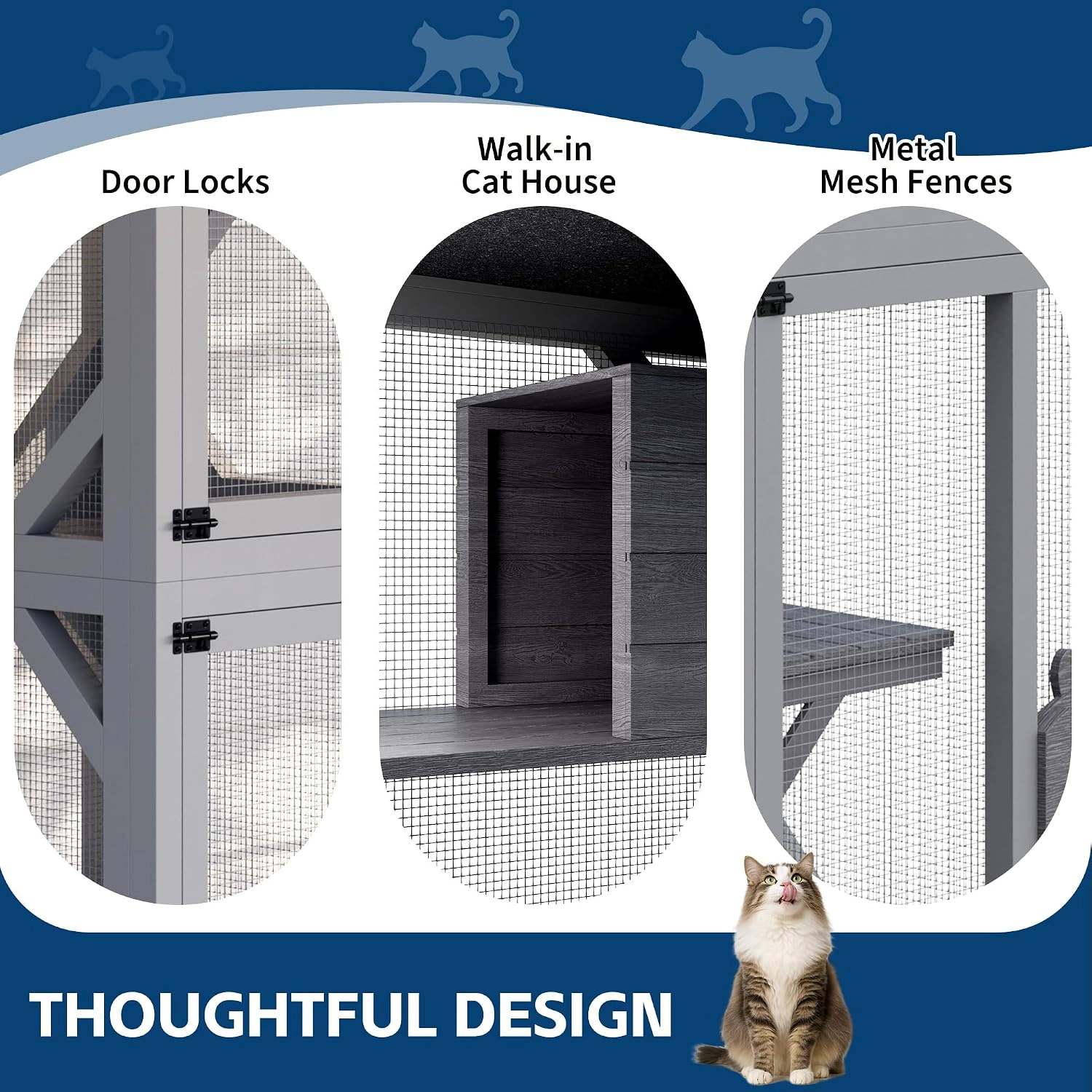 Wooden Outdoor Catio Cat Enclosure, Weather-Resistant Cat House with Scratching Post & Mesh Panels