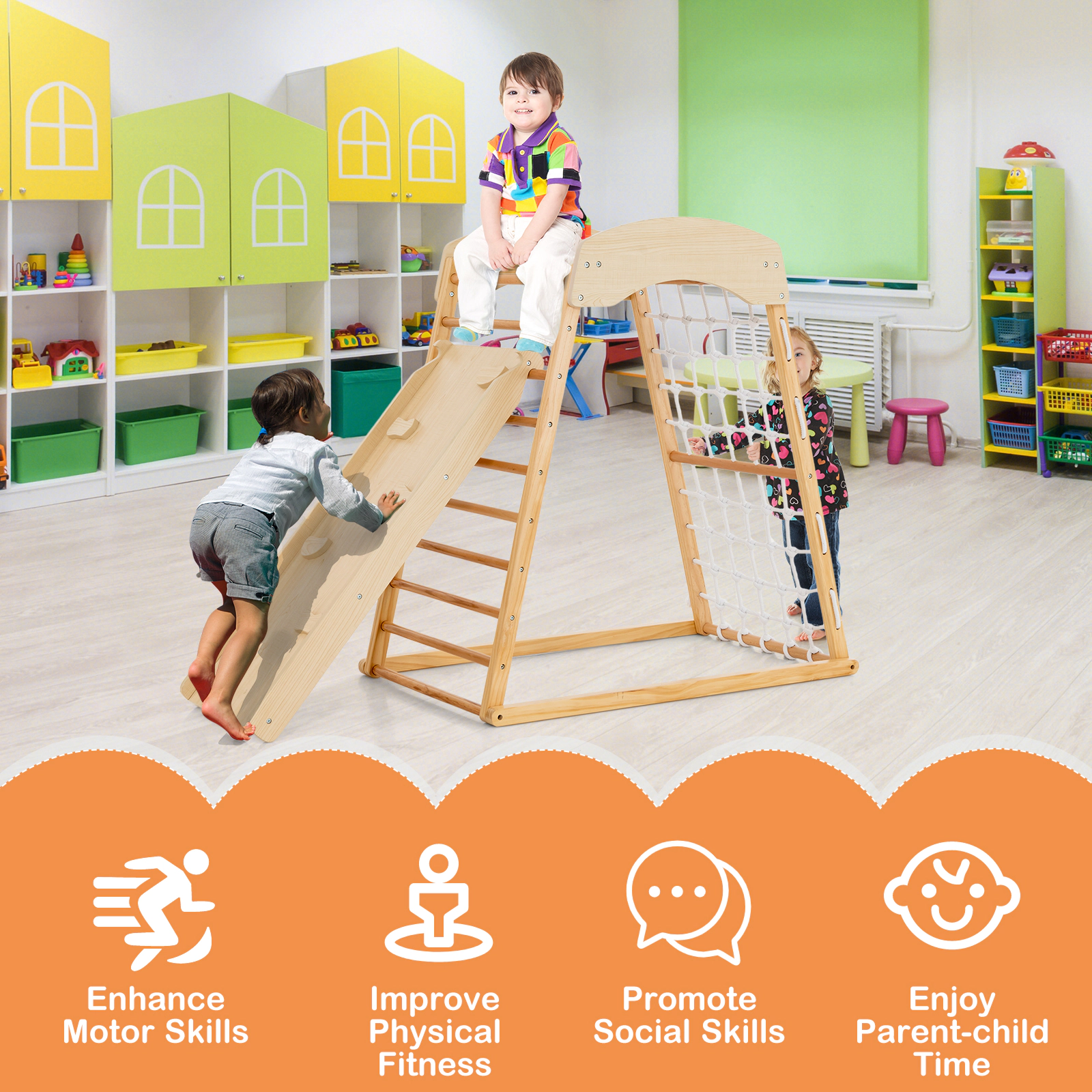 6-in-1 Wooden Jungle Gym Indoor Playground Tool-Free Adjustable Ramp Monkey Bars Floor Anchors 130-lb Ages 1+ Natural