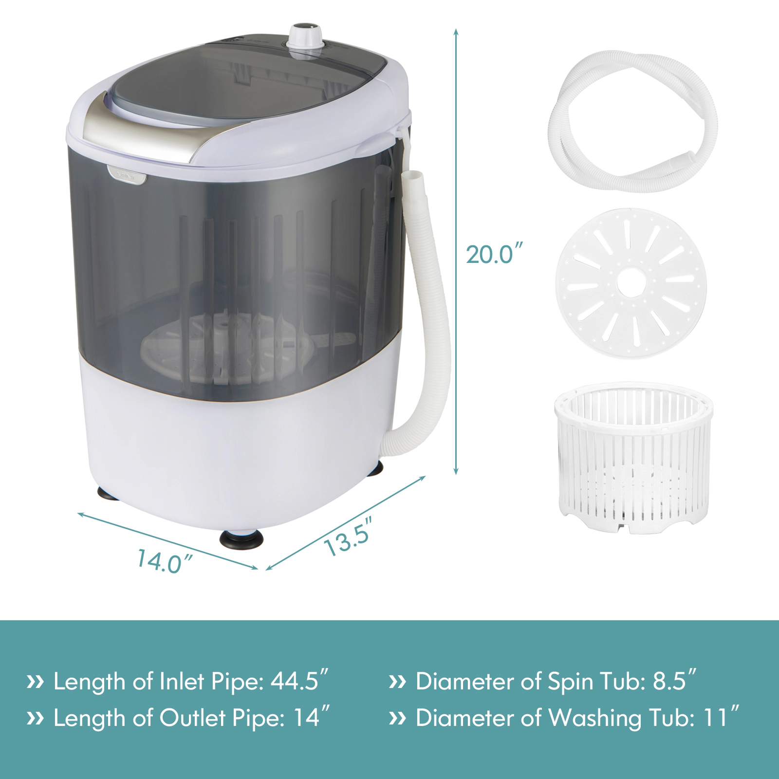 SUGIFT 5.5-lb Single Tub Portable Mini Washing Machine with 1.1-lb Spin Basket and 14-in Drain Hose