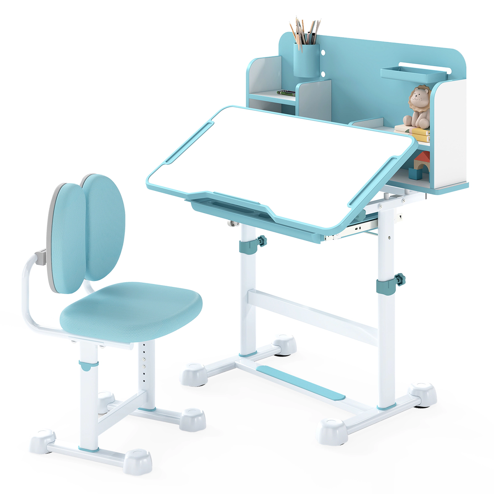 SUGIFT Tilting Kids Study Desk and Chair Set 176-lb Desktop Capacity 220-lb Chair Capacity Ages 3+ Blue/Gray