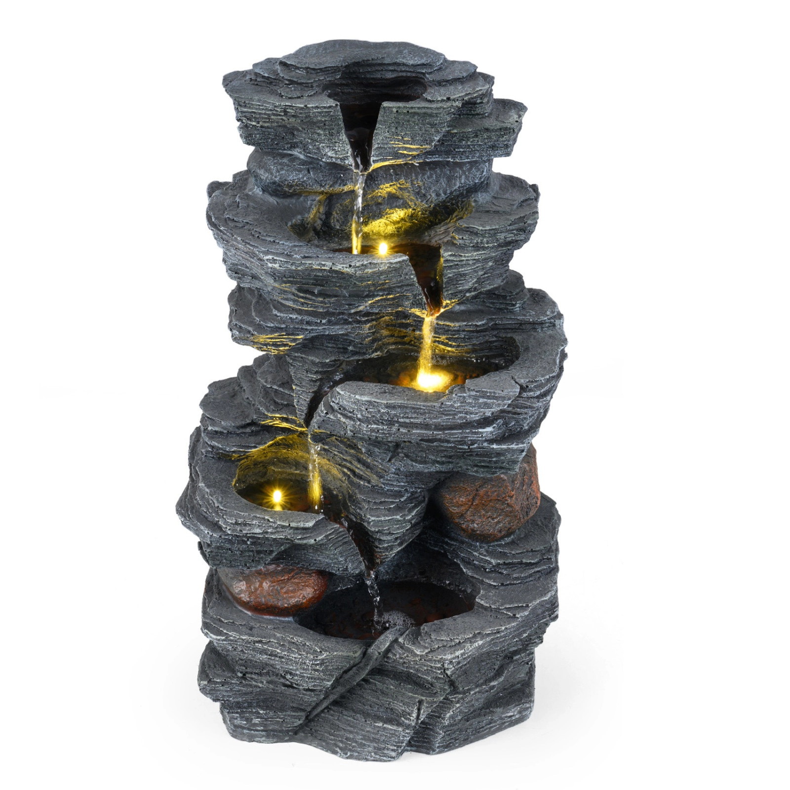 SUGIFT 5-Tier Tabletop Cascading Rock Water Fountain with LED Lights and Pump 18-in Tall Resin Fiberglass Gray