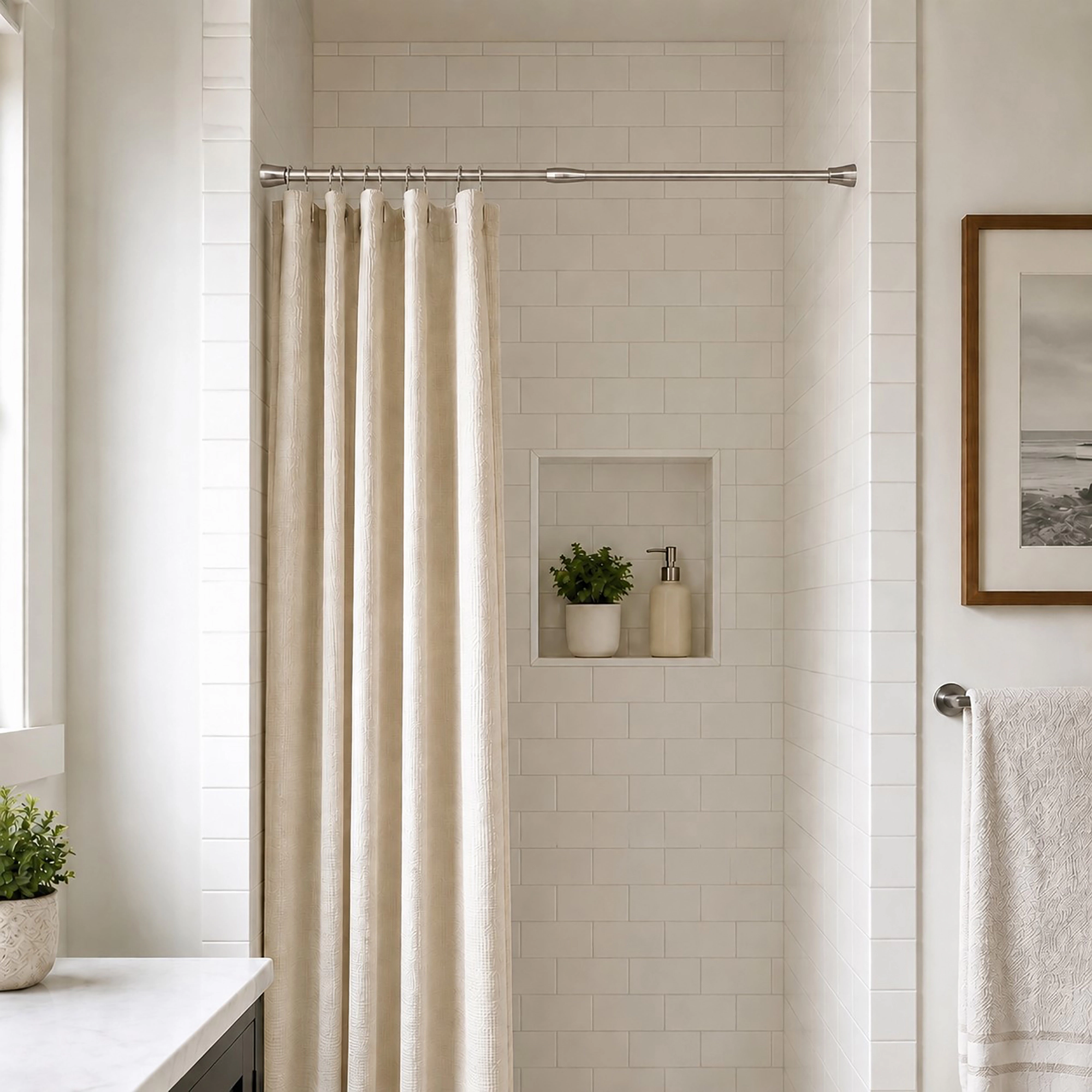 Evideco French Home Goods L-Shaped Adjustable Bathtub Curtain Rod, 37–71 in Long Arm, White