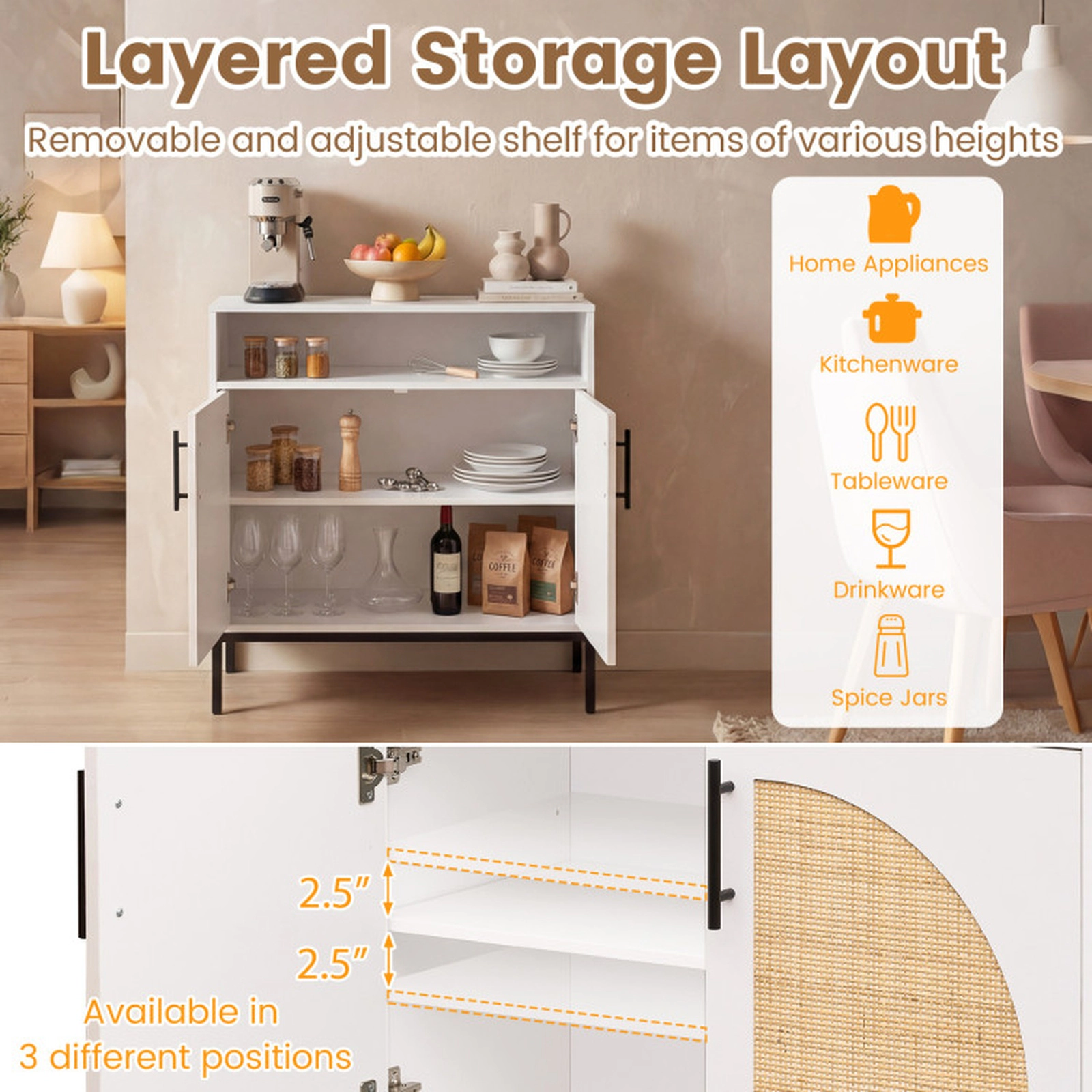 SUGIFT 2 Rattan Arch Doors Adjustable Shelf Buffet Sideboard 32-in x 15-in x 32.5-in 145-lb Capacity White