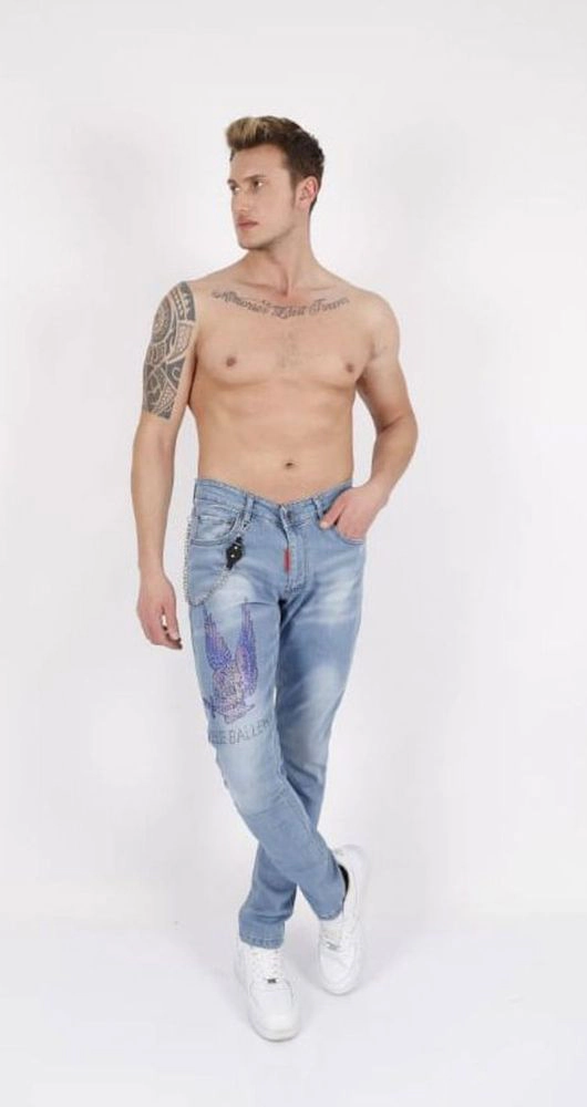 Elie Balleh Men's rhinestone skull slim fit jeans