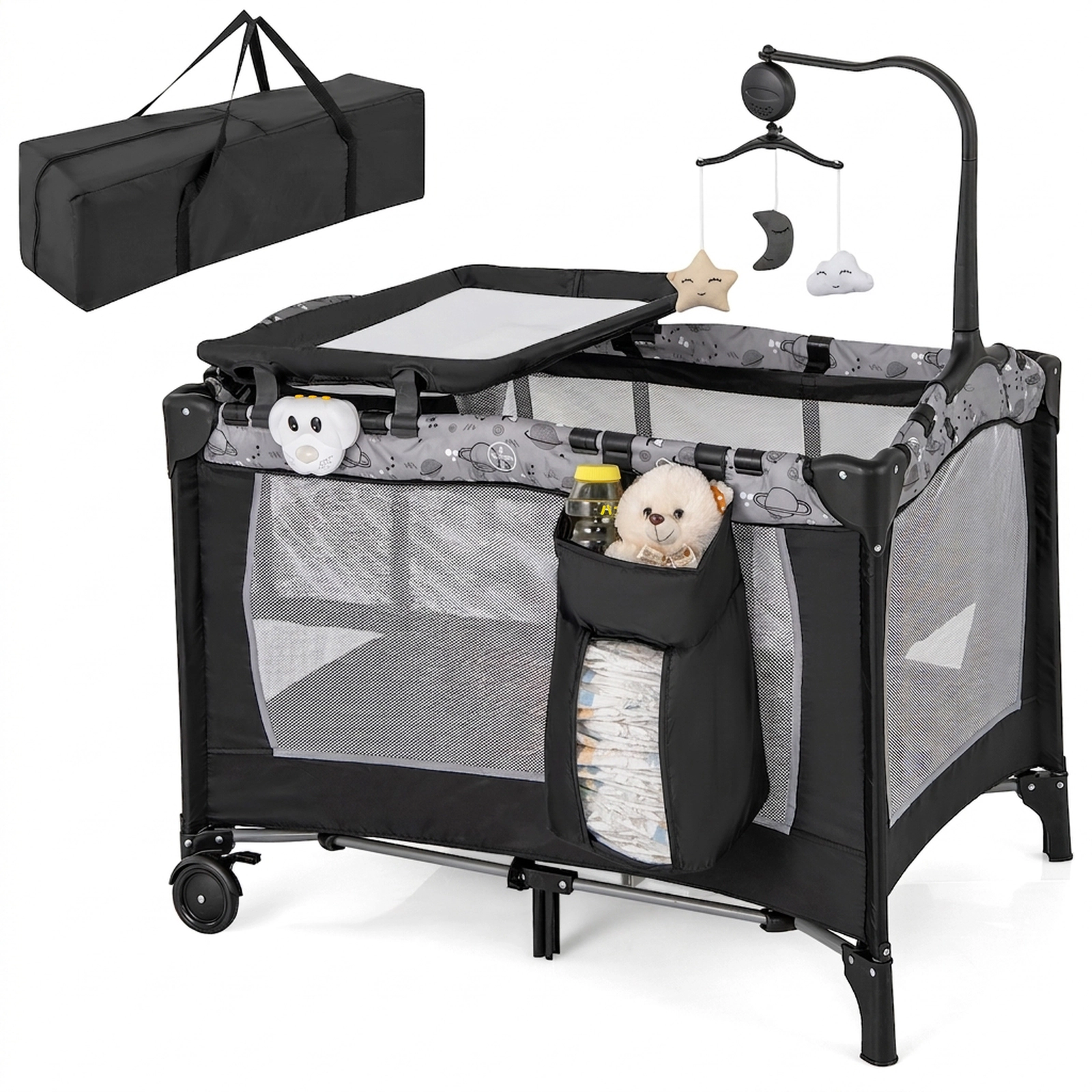 SUGIFT Baby 3-in-1 Bassinet Diaper Changing Table Music Box Foldable Playard 40-in x 28.5-in x 29-in Ages 0-3 Gray