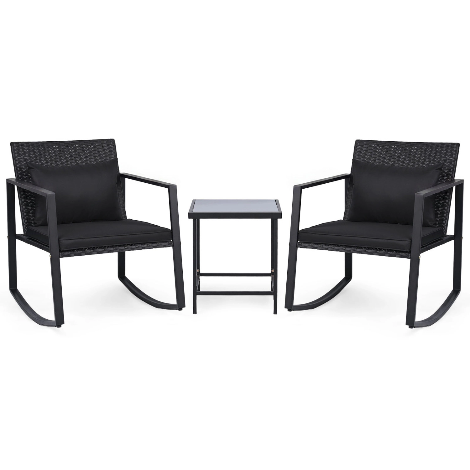 LJG 3-Piece Outdoor Rocking Bistro Set with Soft Cushions and Tempered Glass Table