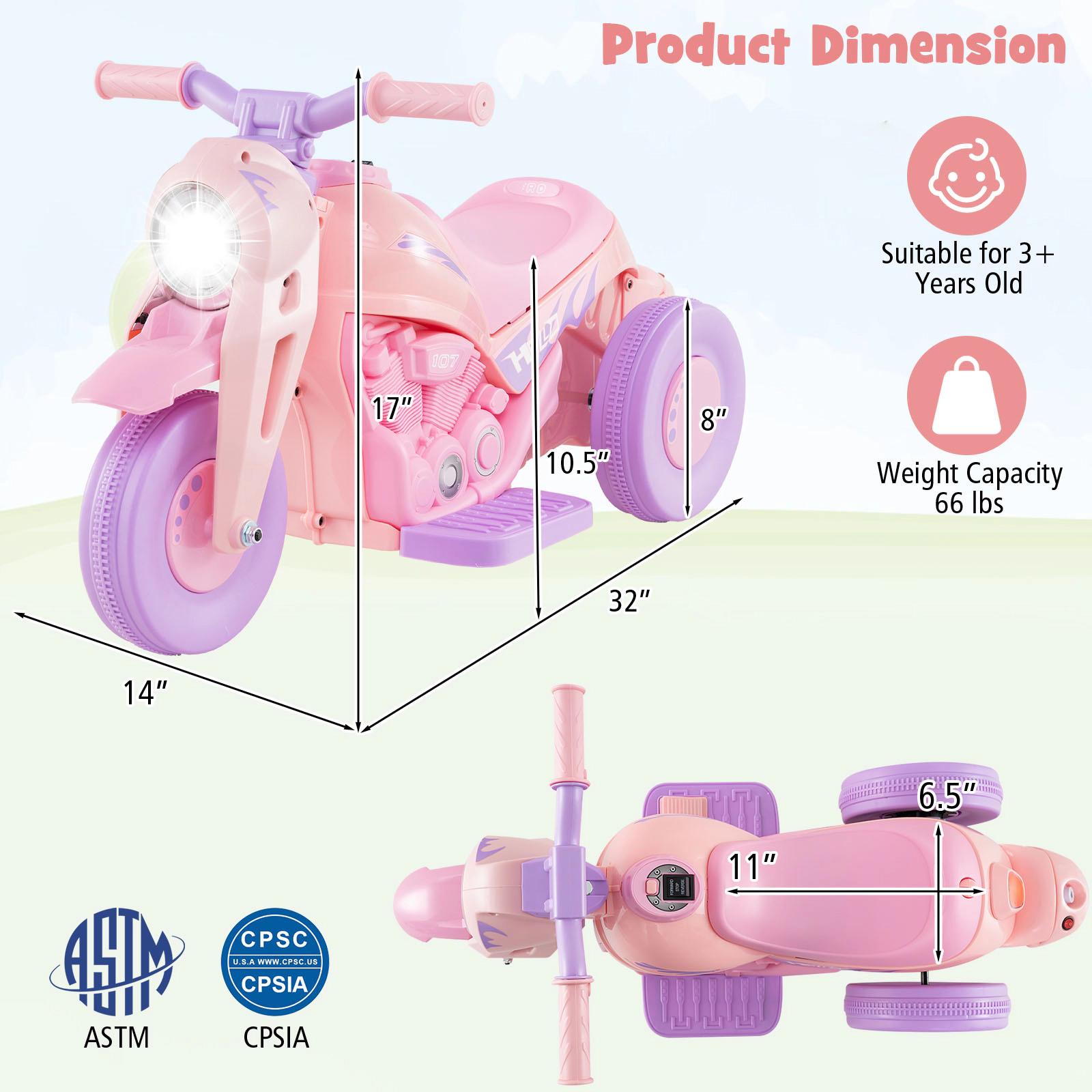 SUGIFT Purple Bubble Maker and Music Pink and 6V Kids Electric Ride On Motorcycle