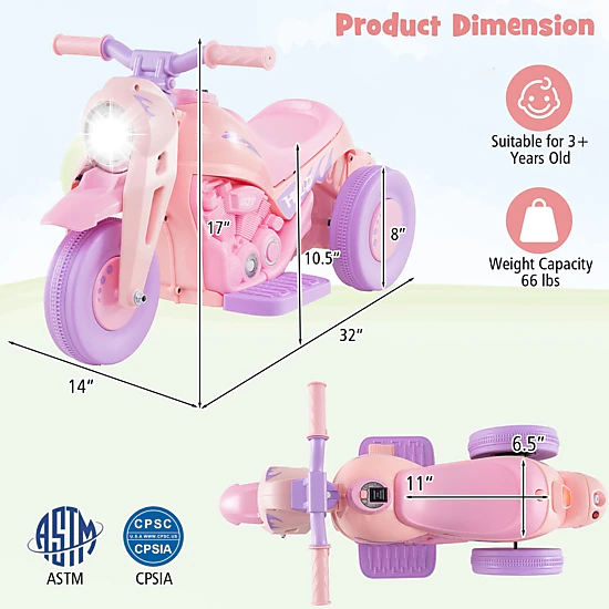 SUGIFT Purple Bubble Maker and Music Pink and 6V Kids Electric Ride On Motorcycle