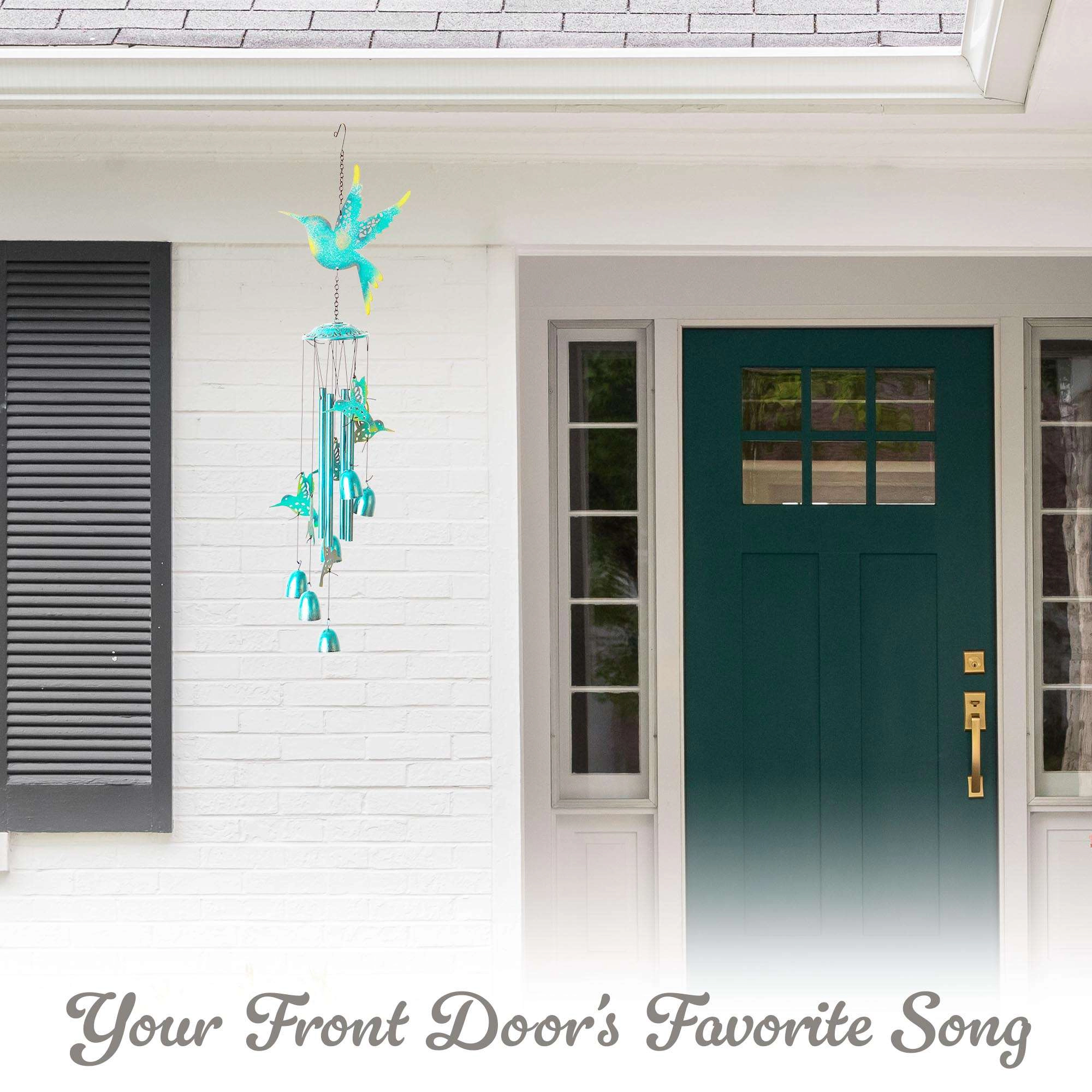 G128 Blue Hummingbird Wind Chime 32" - Hand-Painted Metal Outdoor Chime for Garden Patio Porch