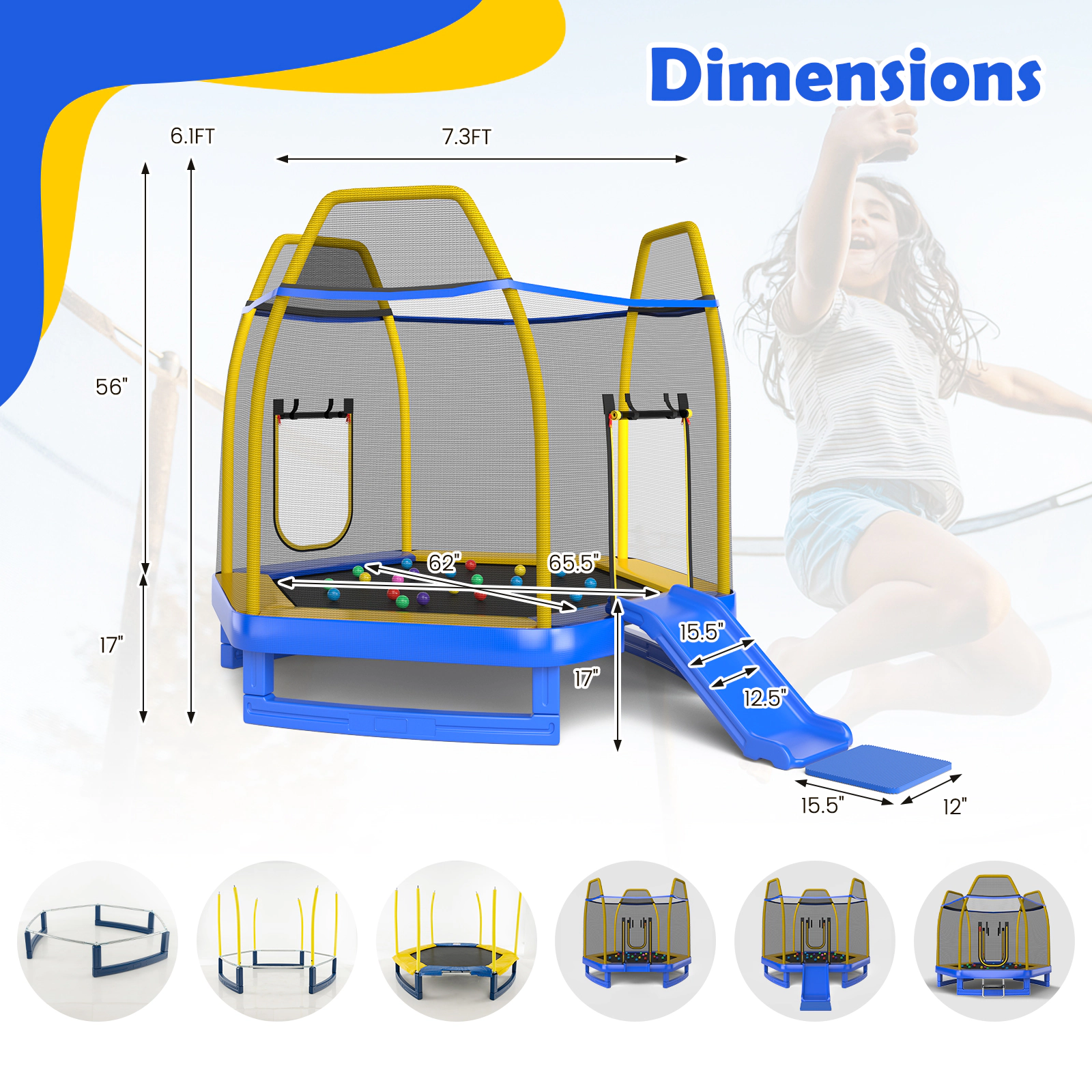 SUGIFT Blue and Yellow 7.3-ft Kids Trampoline with Enclosure Net Ladder and Slide 600-lb Frame Load