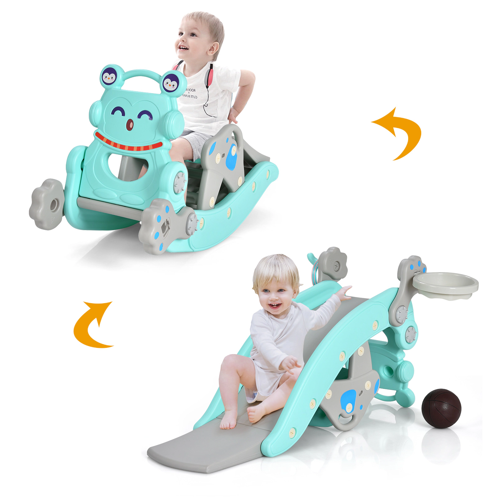SUGIFT 4-in-1 Rocking Horse and Slide Set with Basketball Hoop and Ring Toss 132-lb Capacity Ages 1-5 Blue