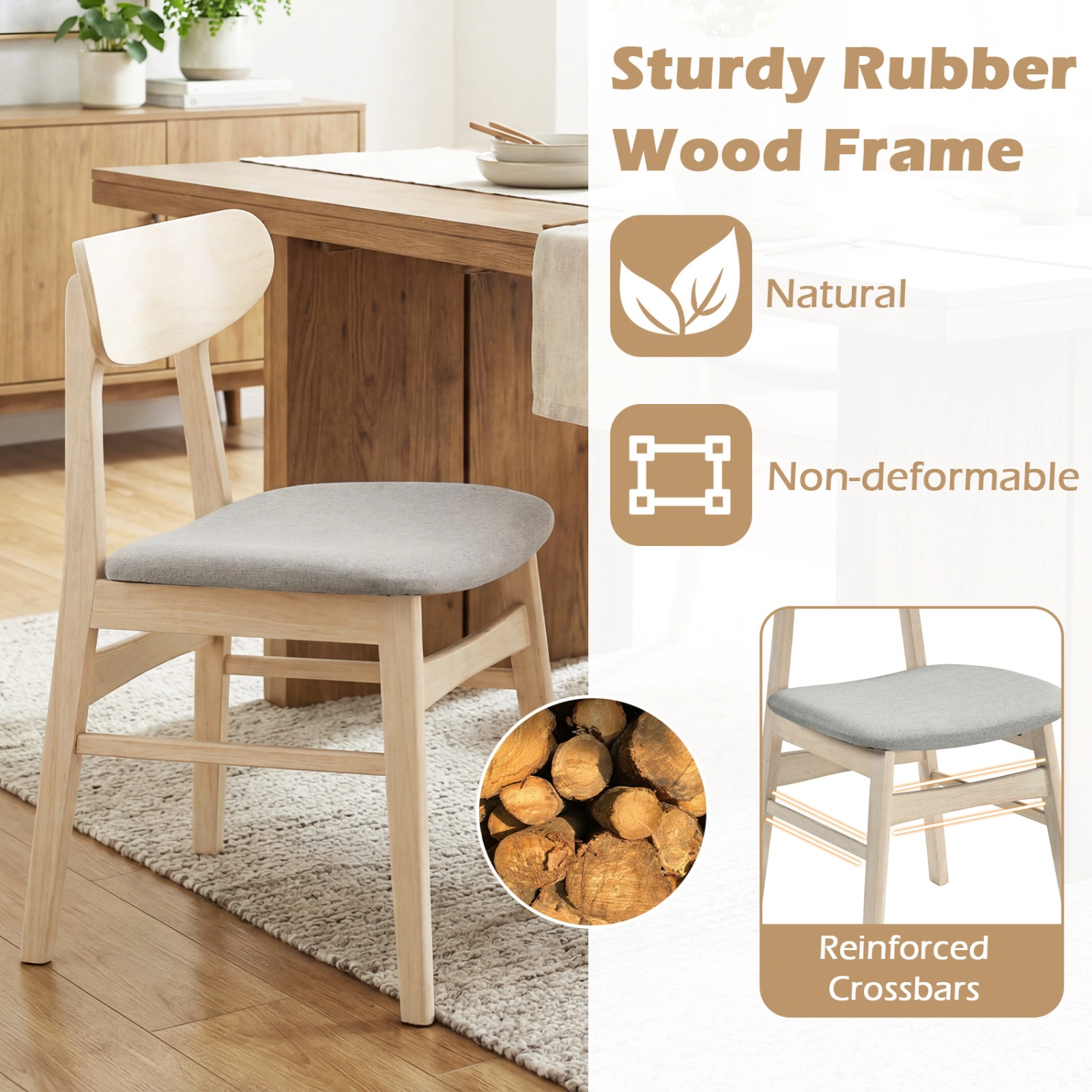 SUGIFT Set of 2 Natural Upholstered Armless Dining Chairs with Ergonomic Curved Seat and Backrest