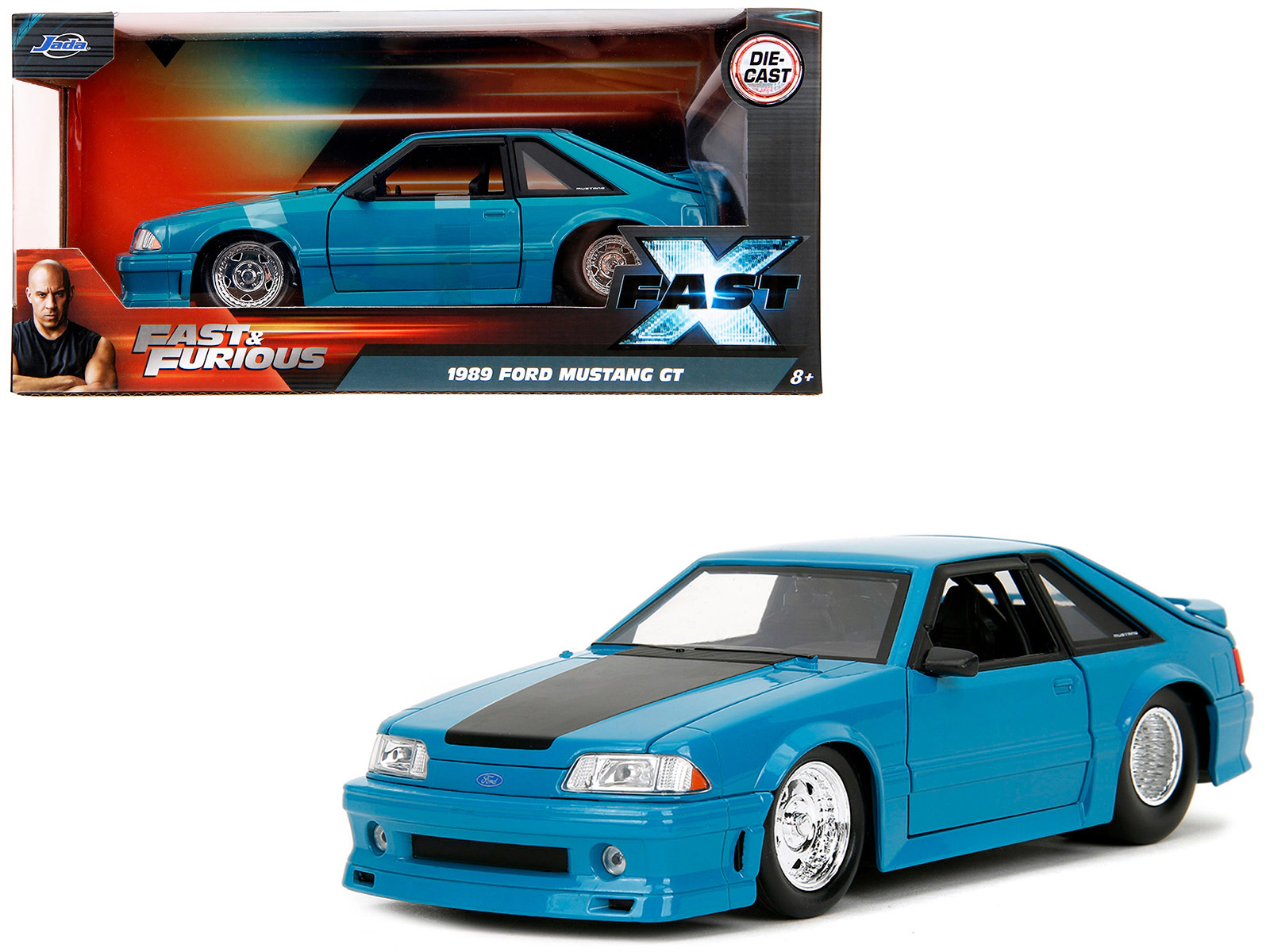 Jada 1989 Ford Mustang GT Blue with Black Hood Stripes "Fast & Furious" Series 1/24 Diecast Model Car by Jada