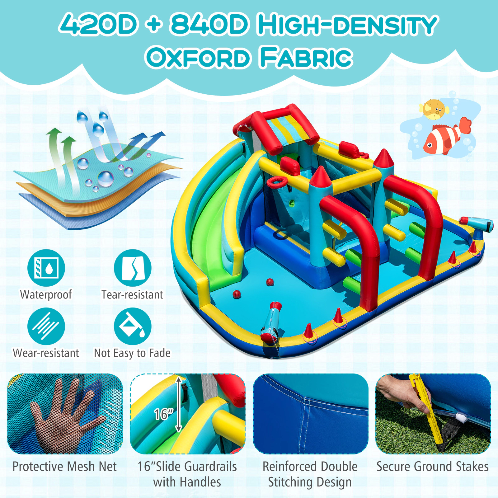 SUGIFT Obstacle Course Basketball Hoops and 680W Blower Kids Inflatable Double Water Slide Park