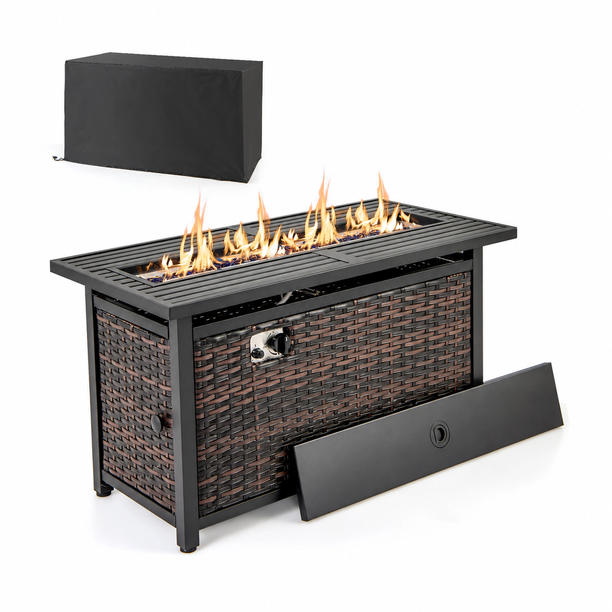 SUGIFT 45-Inch Rattan Propane Fire Pit Table with Glass Stones and 50000 BTU Brown