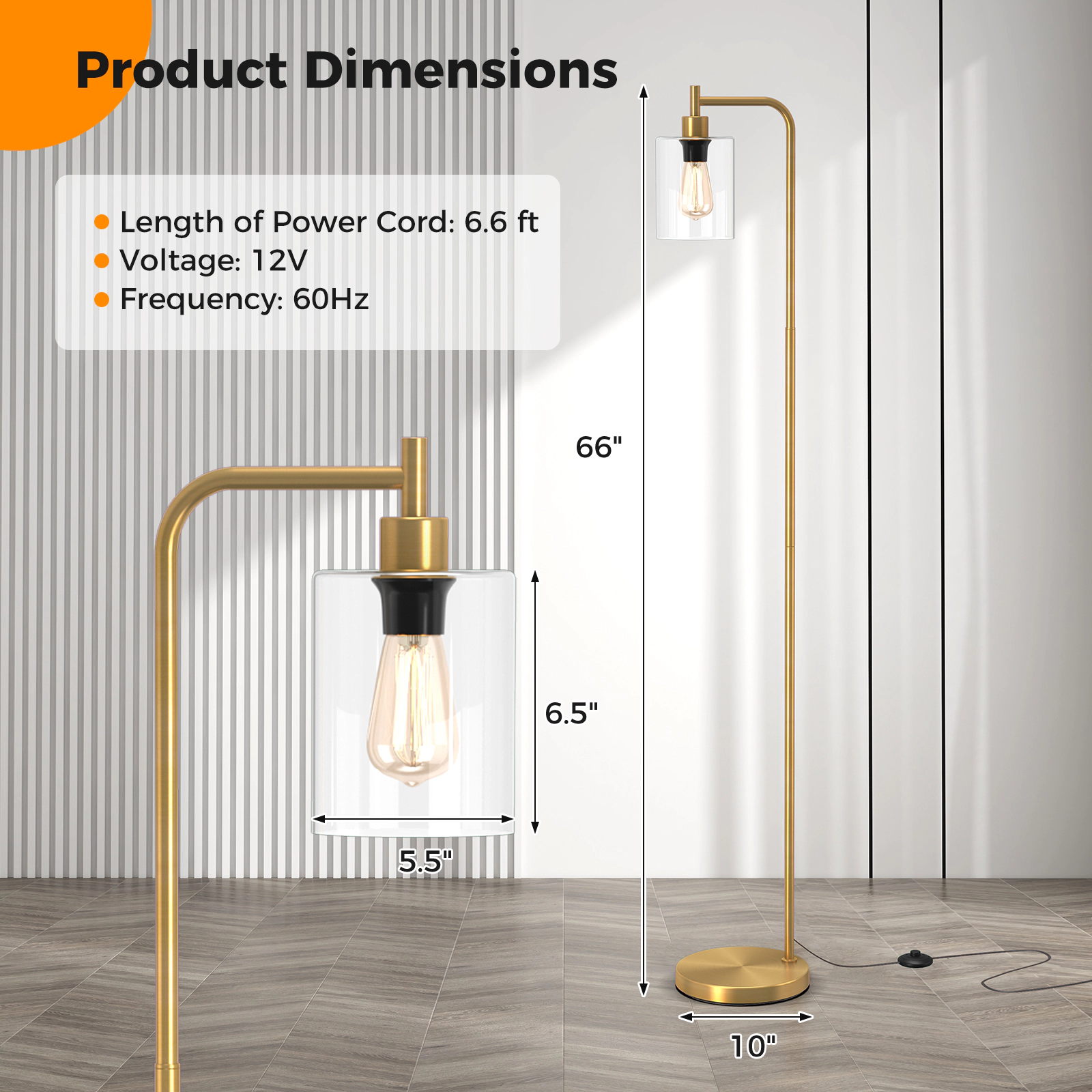 SUGIFT Modern Metal Floor Lamp with Hanging Glass Lampshade and Foot Switch 66-in Tall E26 Socket Black/Gold