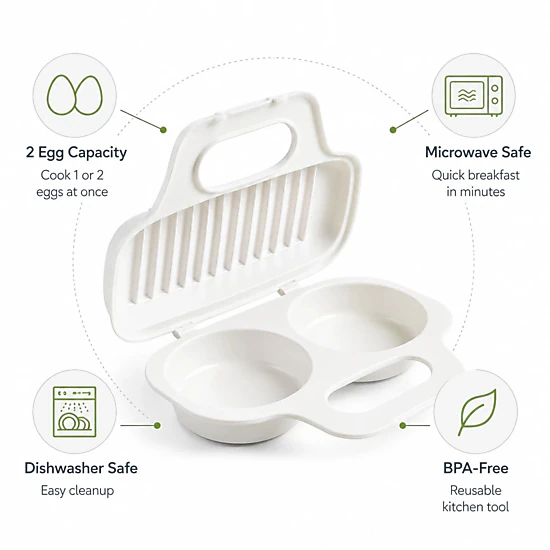 Home Collection 2-Cavity Microwave Egg Poacher BPA-Free Quick Breakfast Cooker