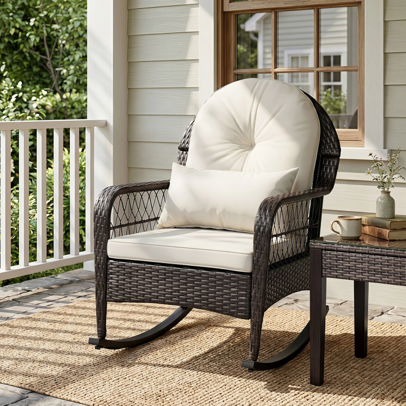 SUGIFT Outdoor PE Wicker Rocking Chair Anti-Tip Stoppers Lumbar Pillow Cushions 400-lb Capacity 25 x 29 x 34-in White