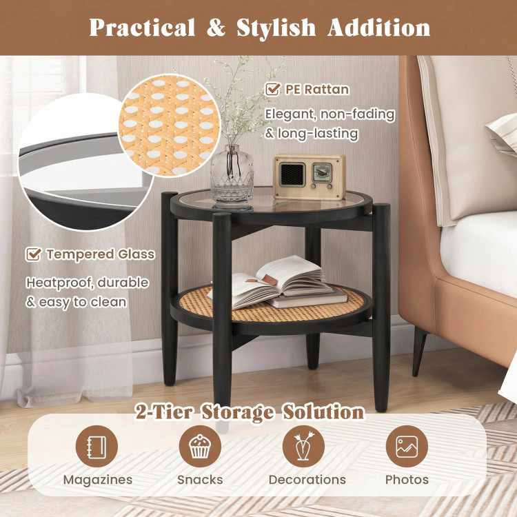 Hivvago Rattan Round Side End Table With Tempered Glass Tabletop