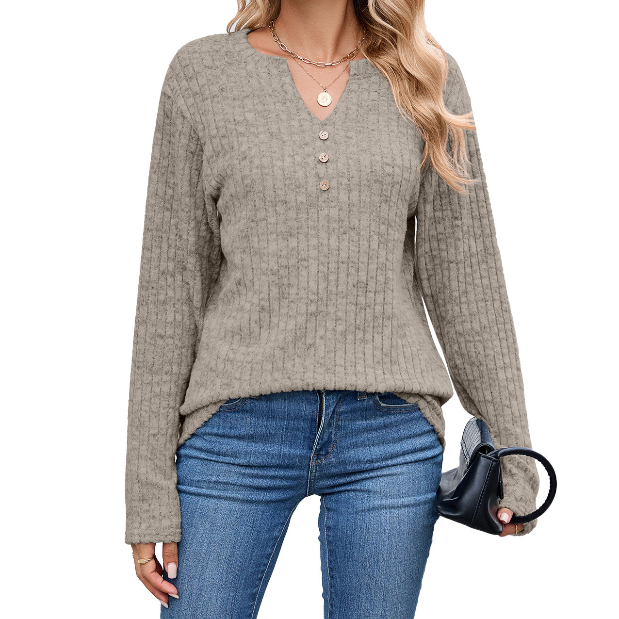 Enchanted Funland Womens V‑Neck Ribbed Henley Long Sleeve Button Pullover Tops