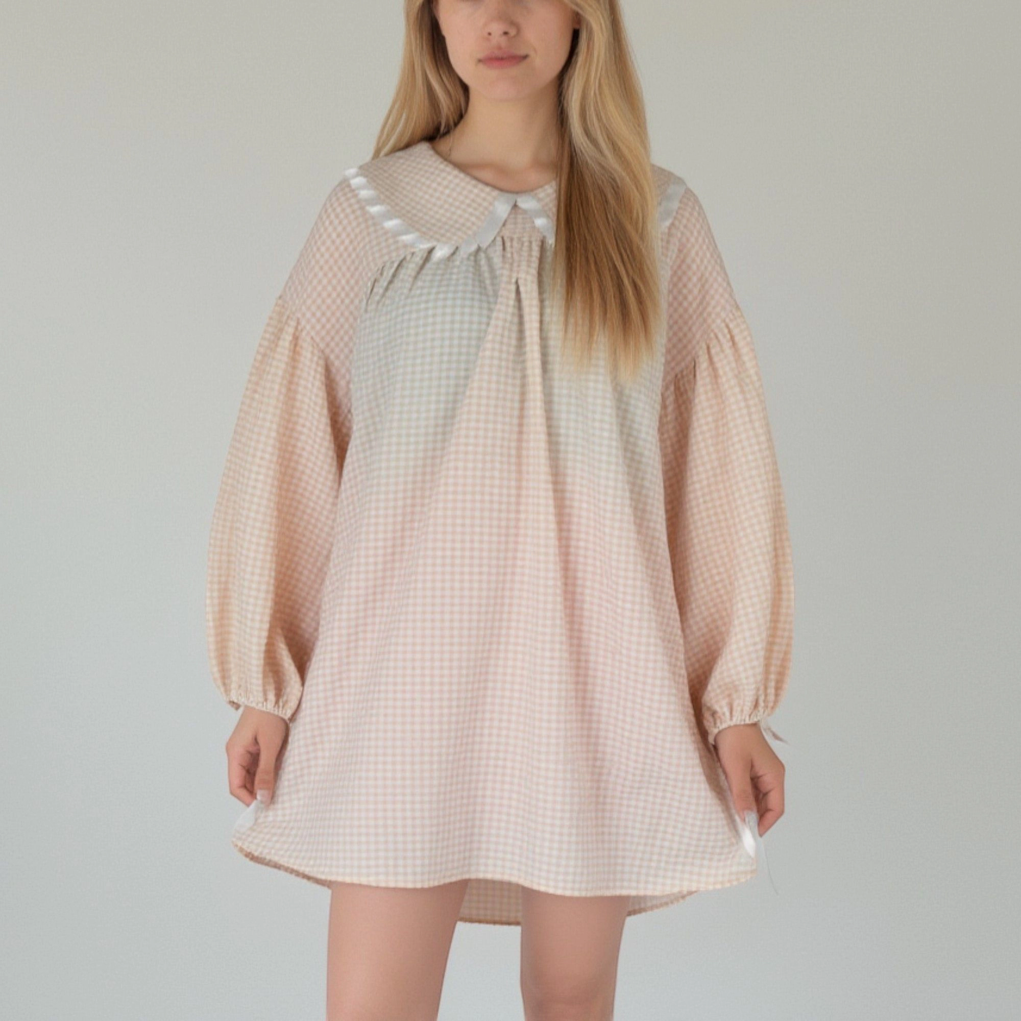 Anna-Kaci Women's Gingham Peter Pan Collar Ribbon Trim Nightgown