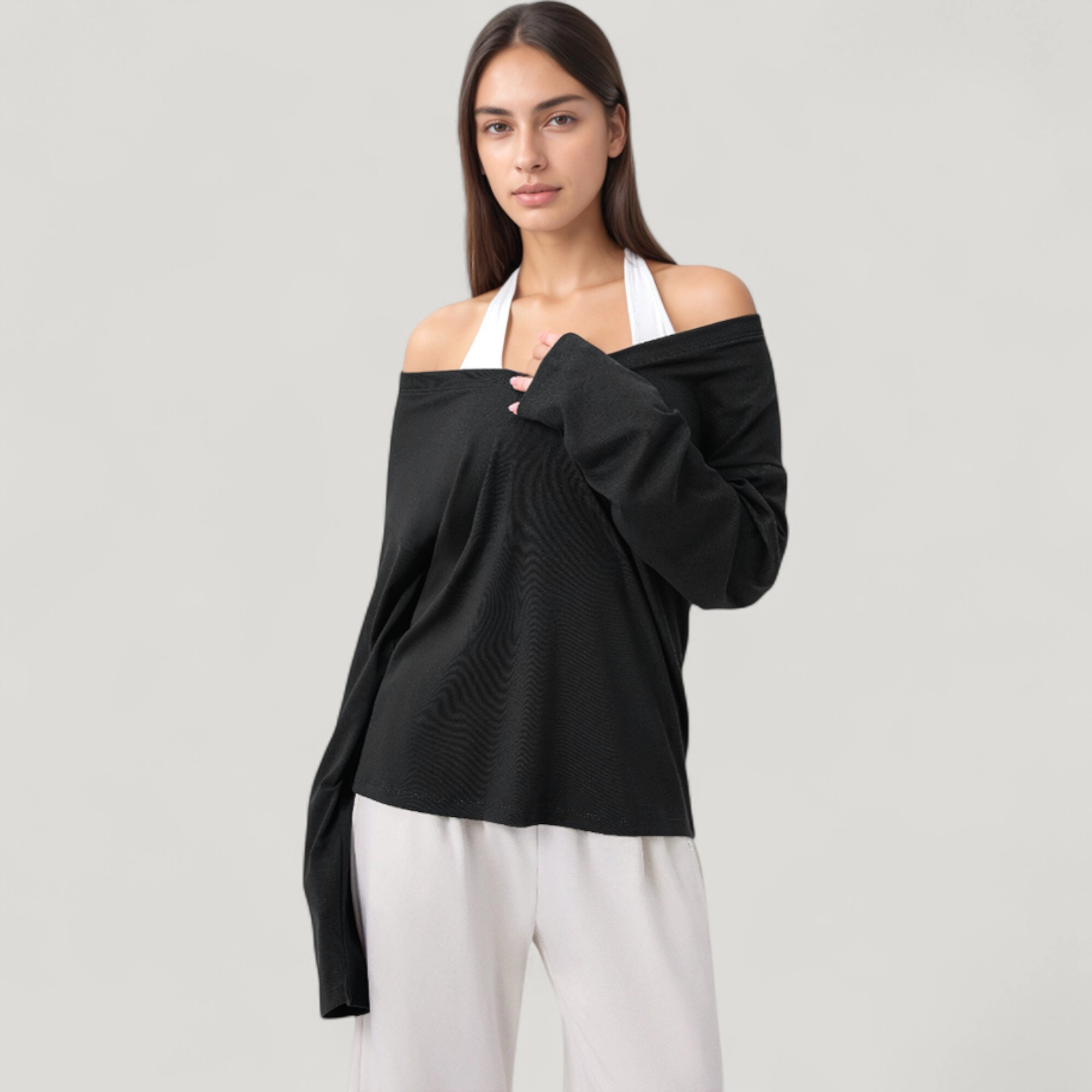 Anna-Kaci Women's Long Sleeve V-Neck Pullover Top with Relaxed Fit and Drop Shoulder Design