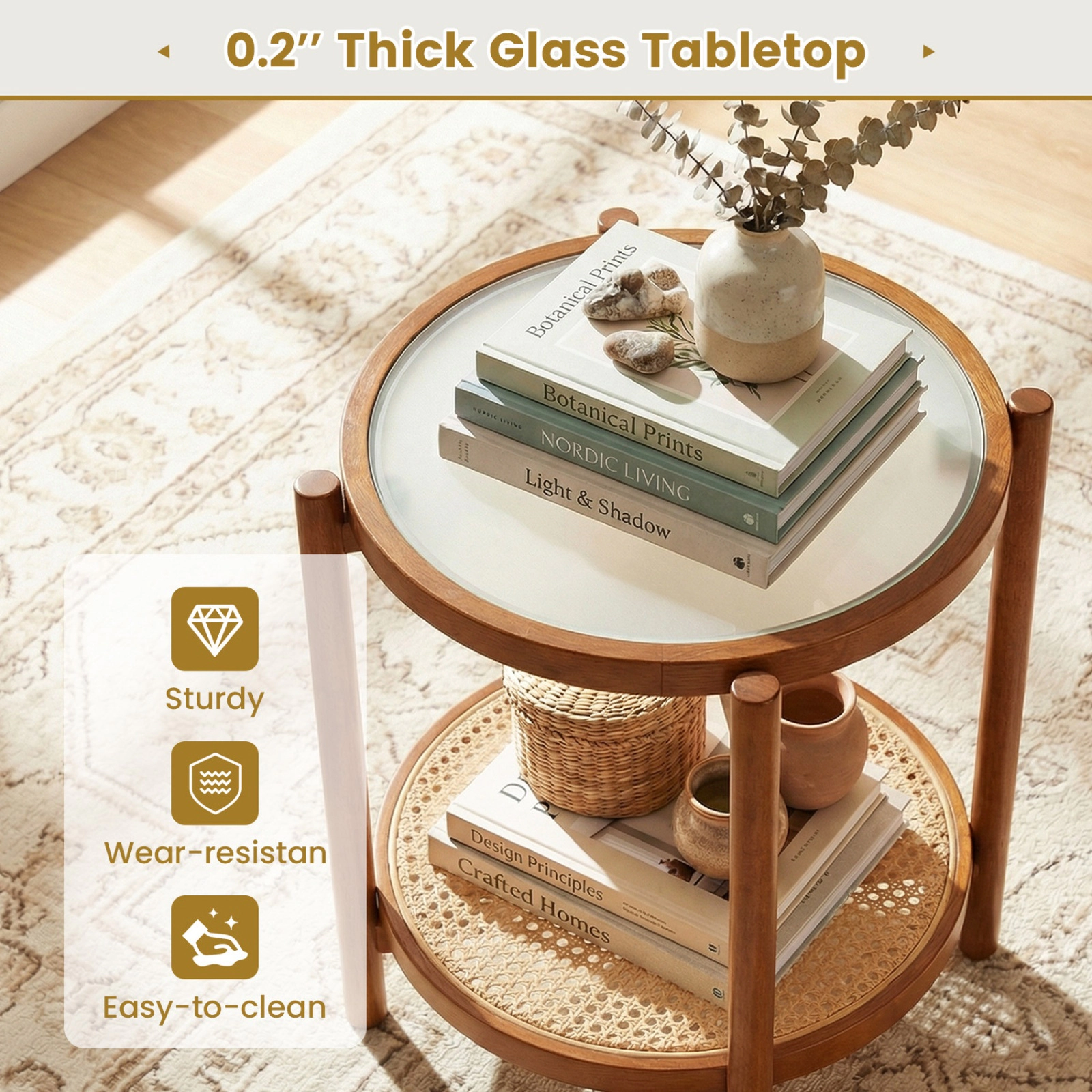 SUGIFT 18.5-Inch Round 2-Tier Boho Side Table, Glass Top, Rattan Shelf, Acacia Legs