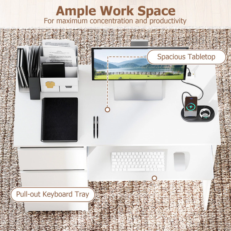 SUGIFT Computer Desk with Power Outlet Keyboard Tray and 3 Large Drawers 275-lb Capacity Natural/White