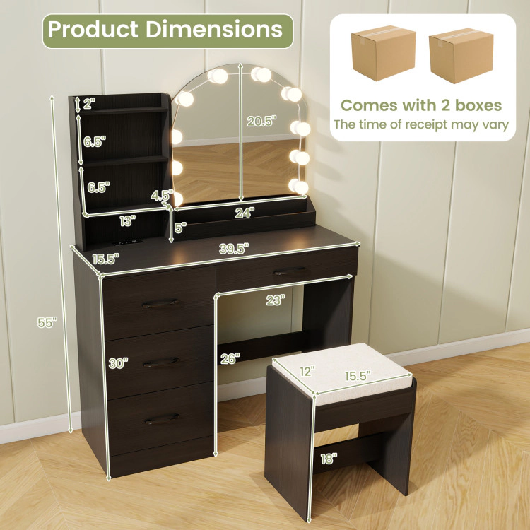 Hivvago Makeup Vanity Desk Dressing Table And Stool Set With Mirror Lights