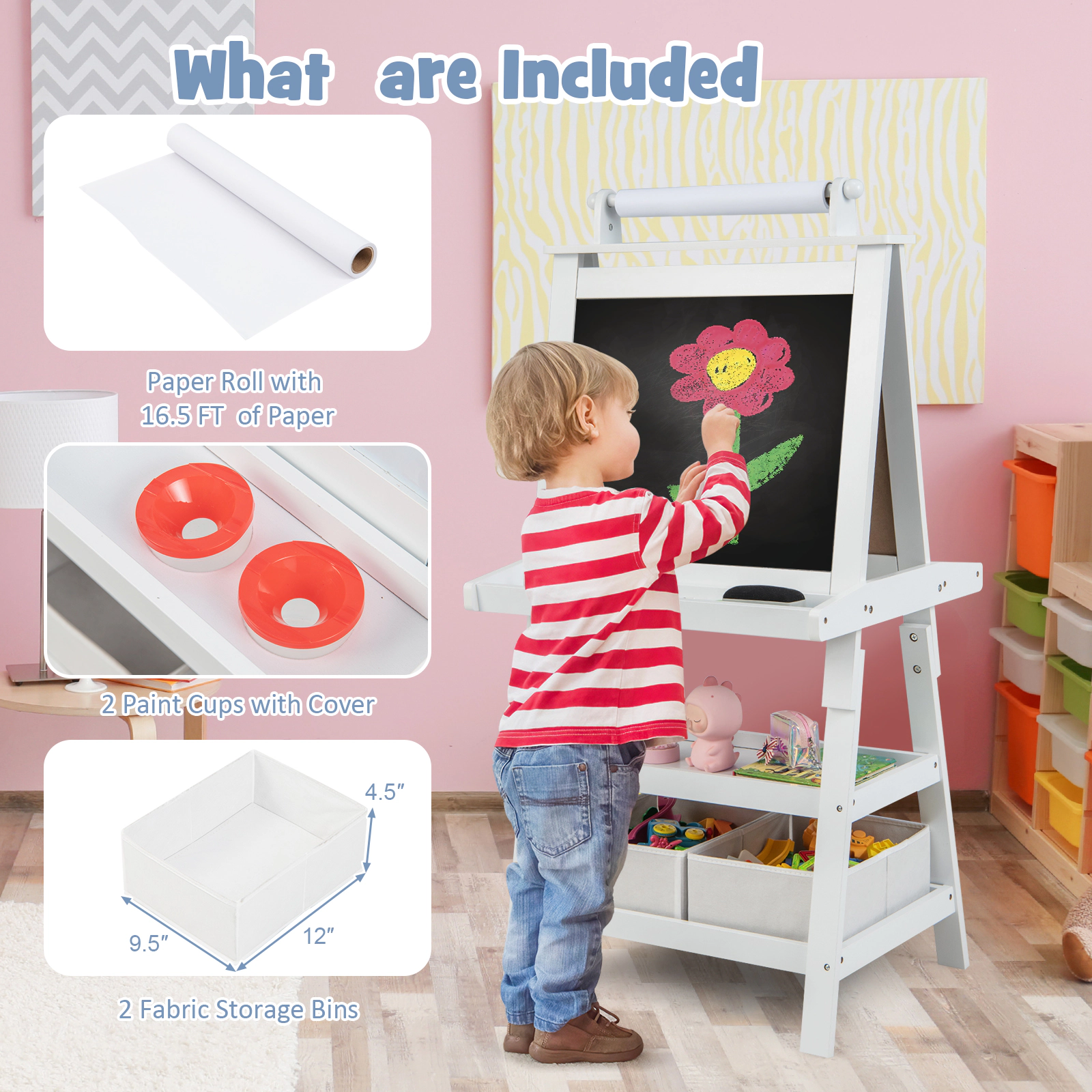 3-in-1 Double-Sided Storage Art Easel for Kids 2-Tier Shelves 2 Fabric Bins No-Spill Paint Cups Paper Roll White