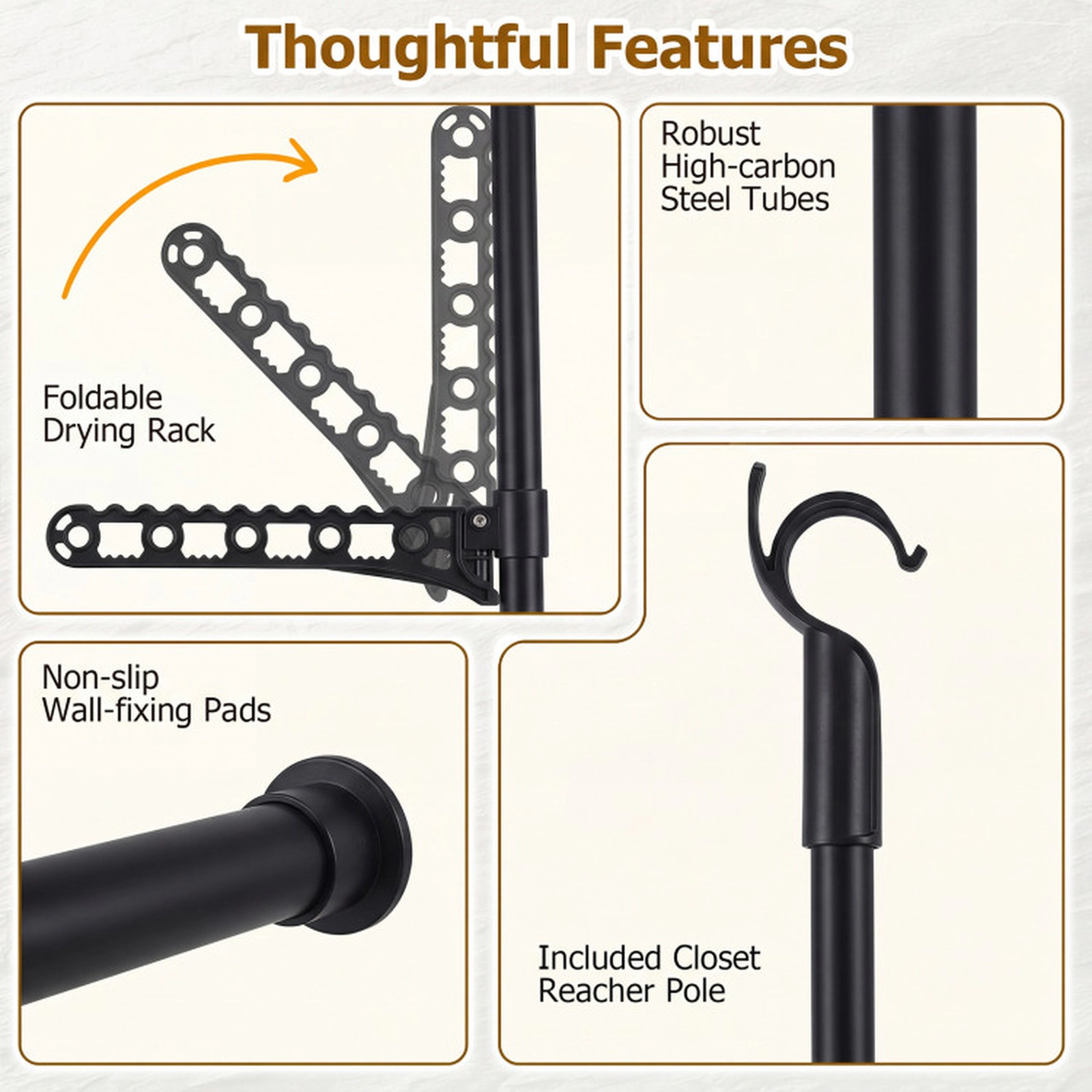 SUGIFT Adjustable Floor to Ceiling Clothes Rack Black with 2 Hanging Rods