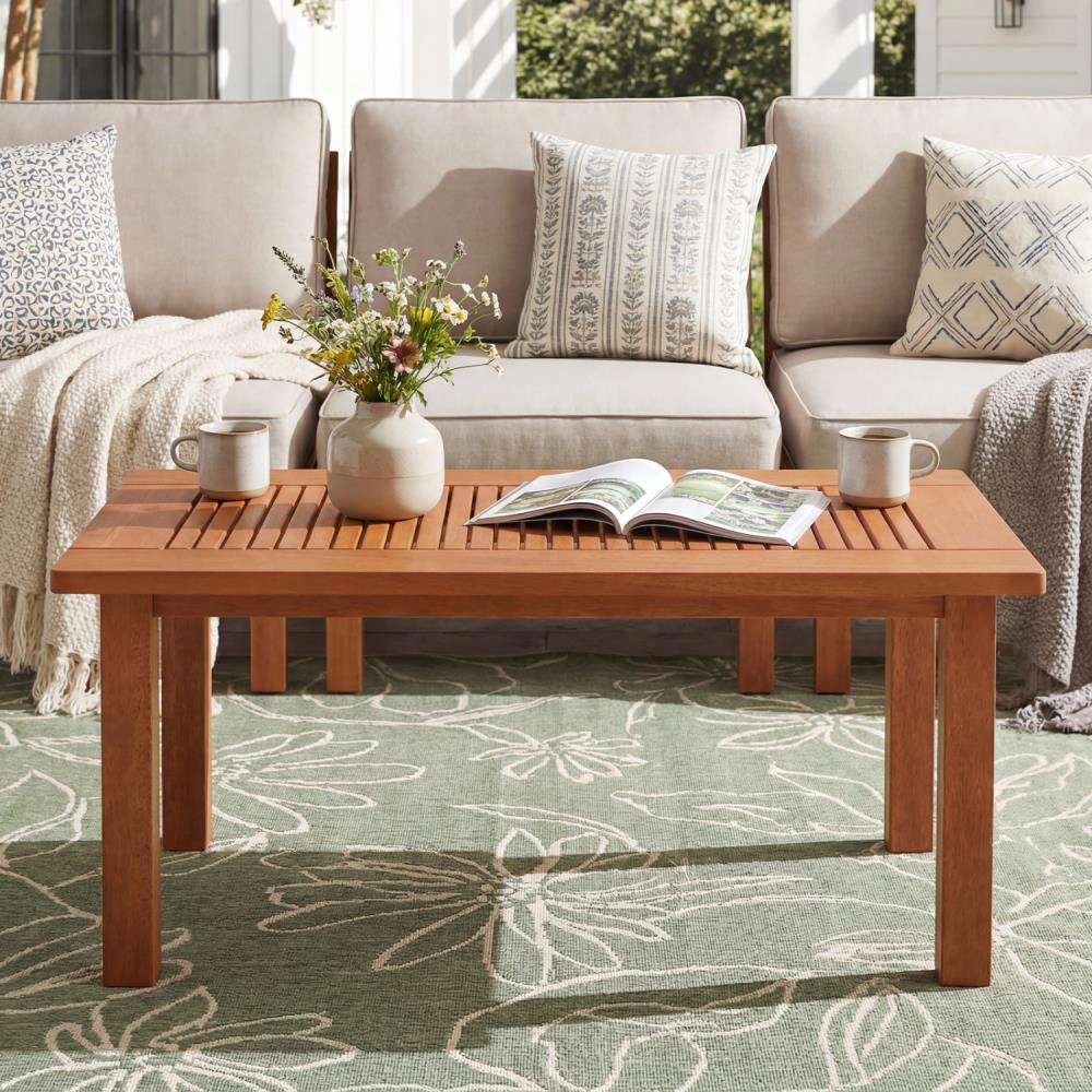 Hivvago 35.5 Inch Outdoor Modern Rectangular Coffee Table With Slatted Top For Backyard
