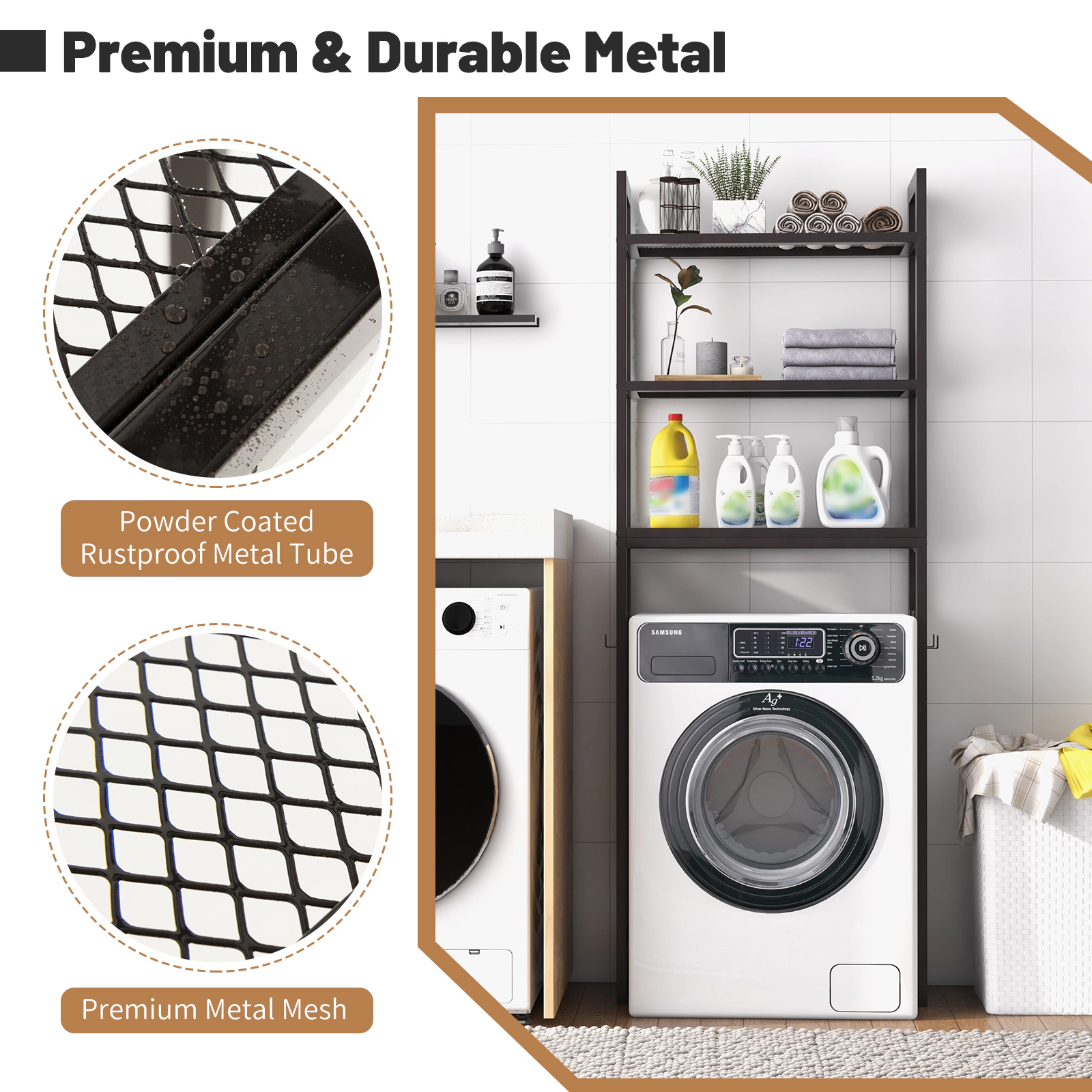 SUGIFT Black 67.5-in Tall Over the Toilet Storage Shelf with 3 Hooks and Metal Mesh Bathroom Organizer