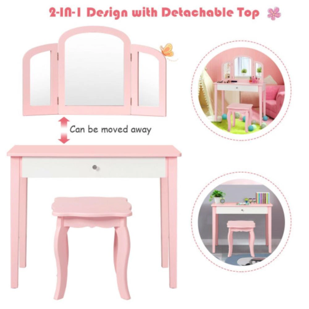 Hivvago Kids Princess Make Up Dressing Table With Tri-Folding Mirror And Chair