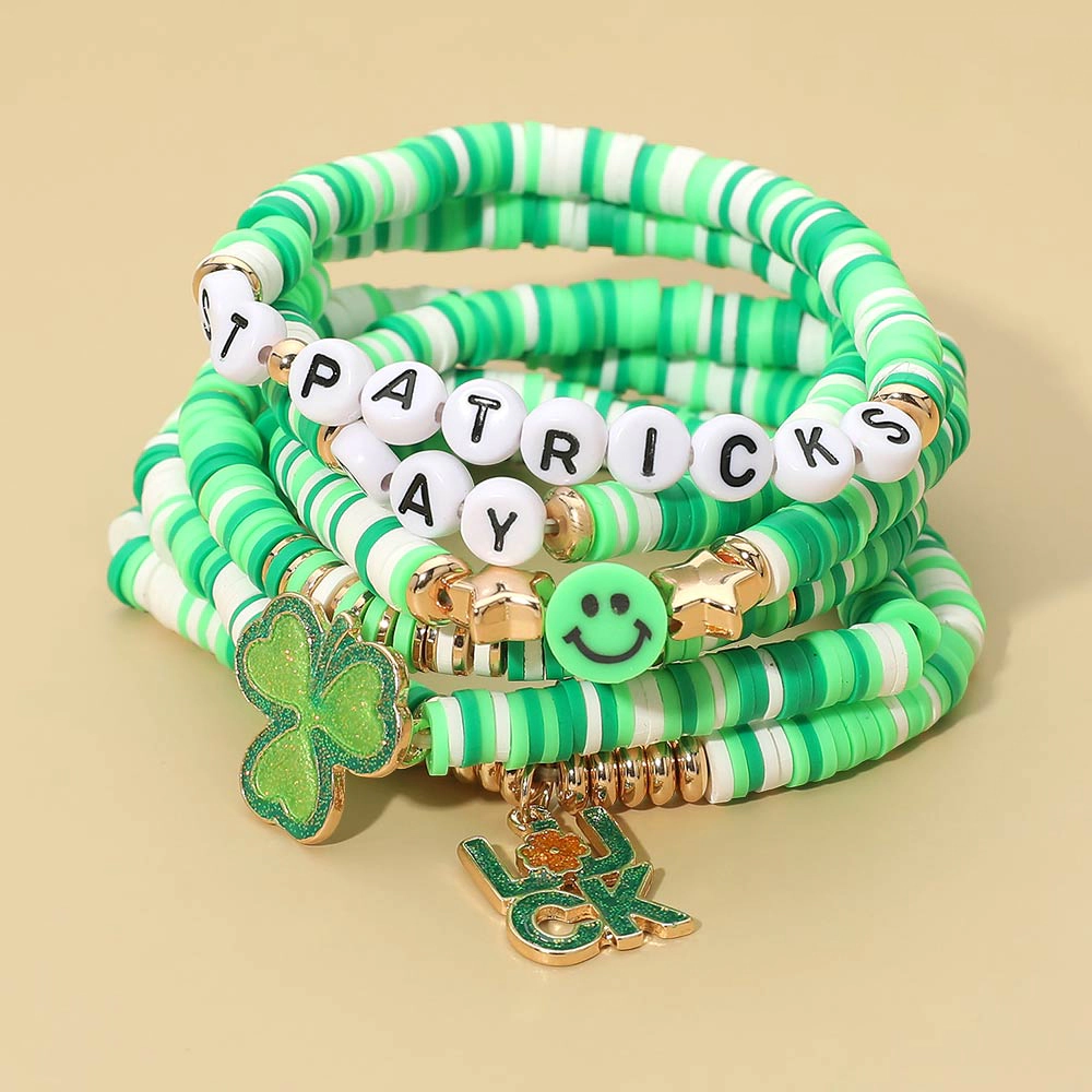 FASHNZFAB 6PCS - LUCK Charm Smile Face Clover ST PATRICKS DAY Heishi Beaded Stretch Multi Layered Bracelets