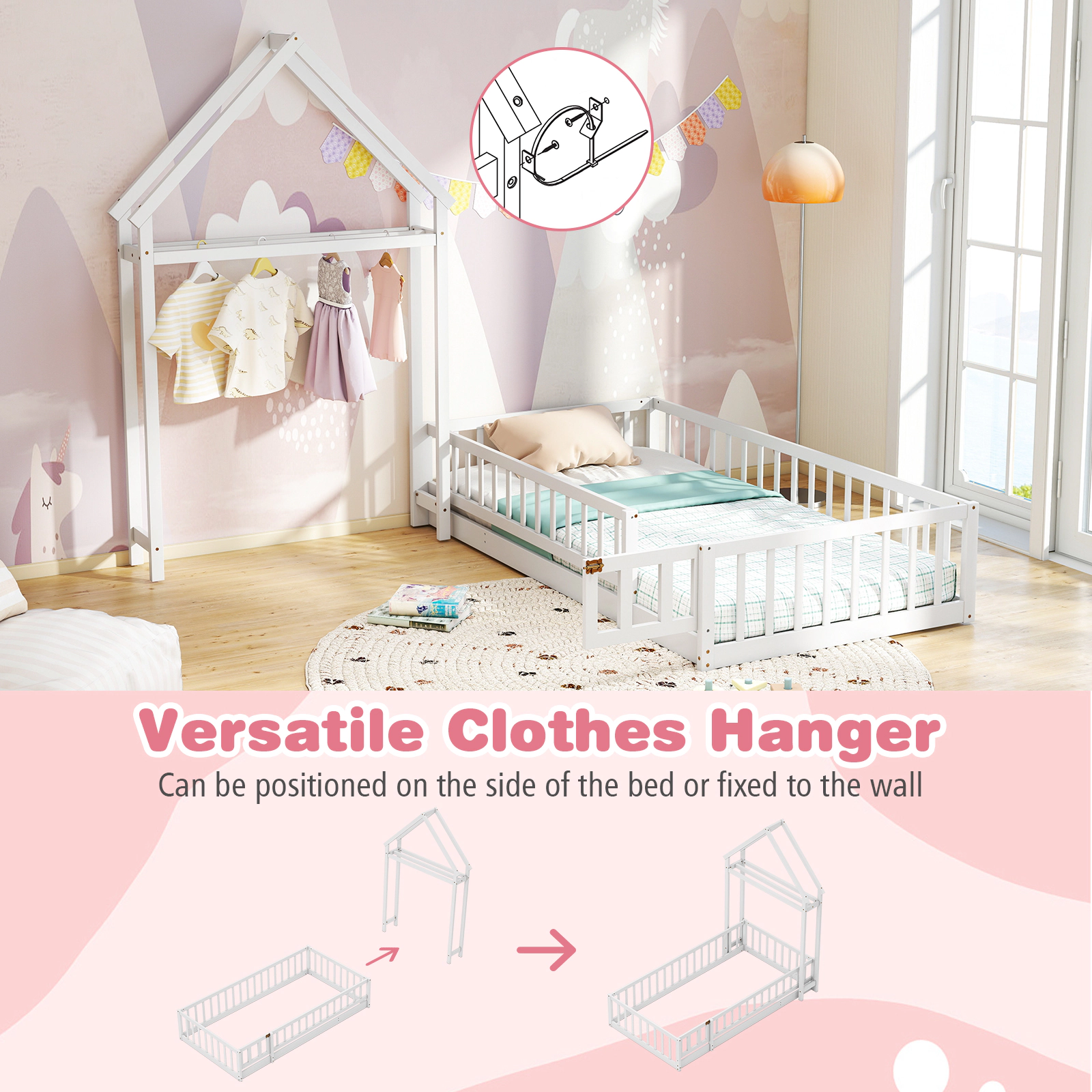 SUGIFT Montessori Low-to-Ground Twin House Floor Bed with Guardrails, Gate and Drying Rack Toddler Bed 74-in Tall White