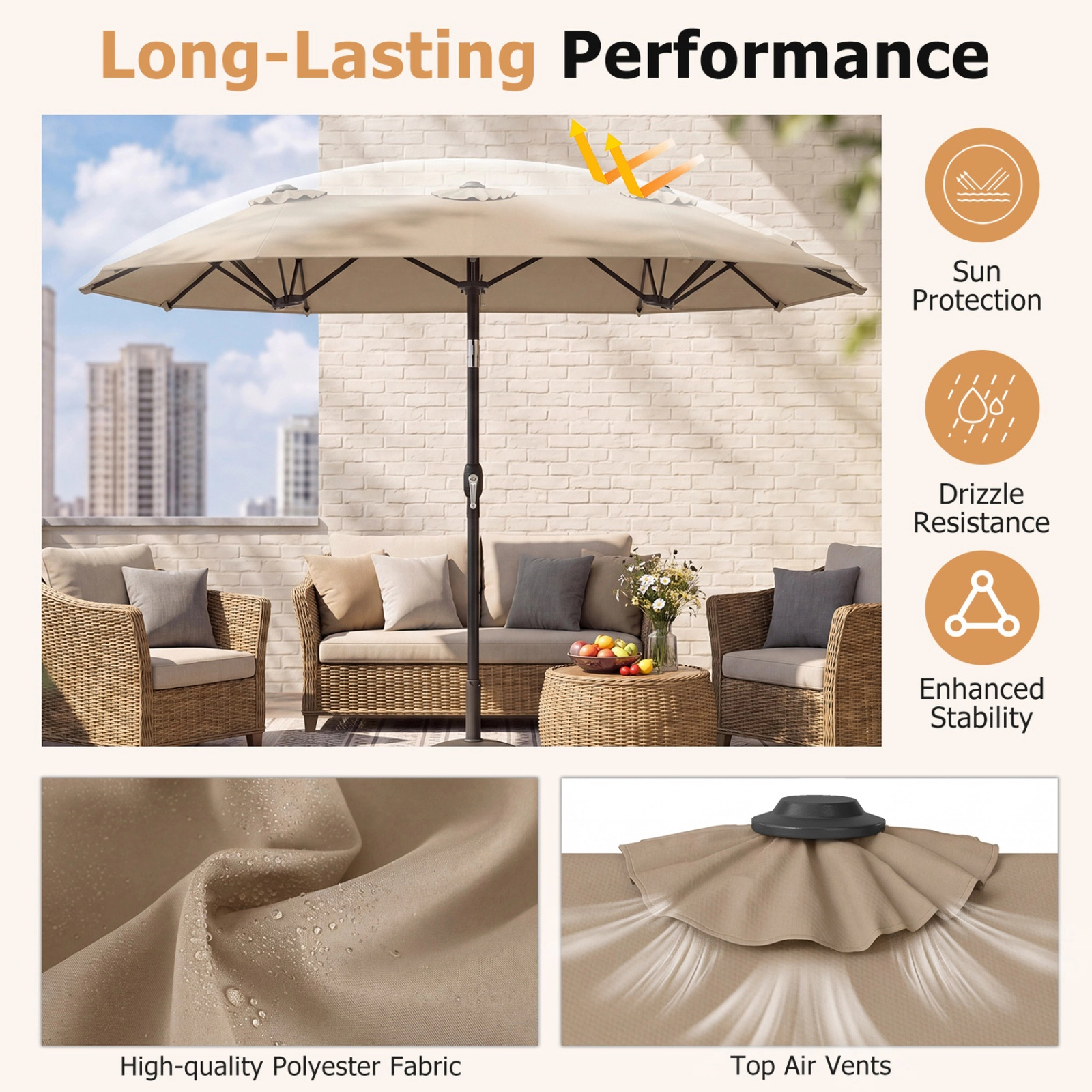 SUGIFT 10-ft Beige Rectangular Double-Sided Patio Umbrella with Crank Lift, Push-Button Tilt, 12 Ribs and 3 Vents