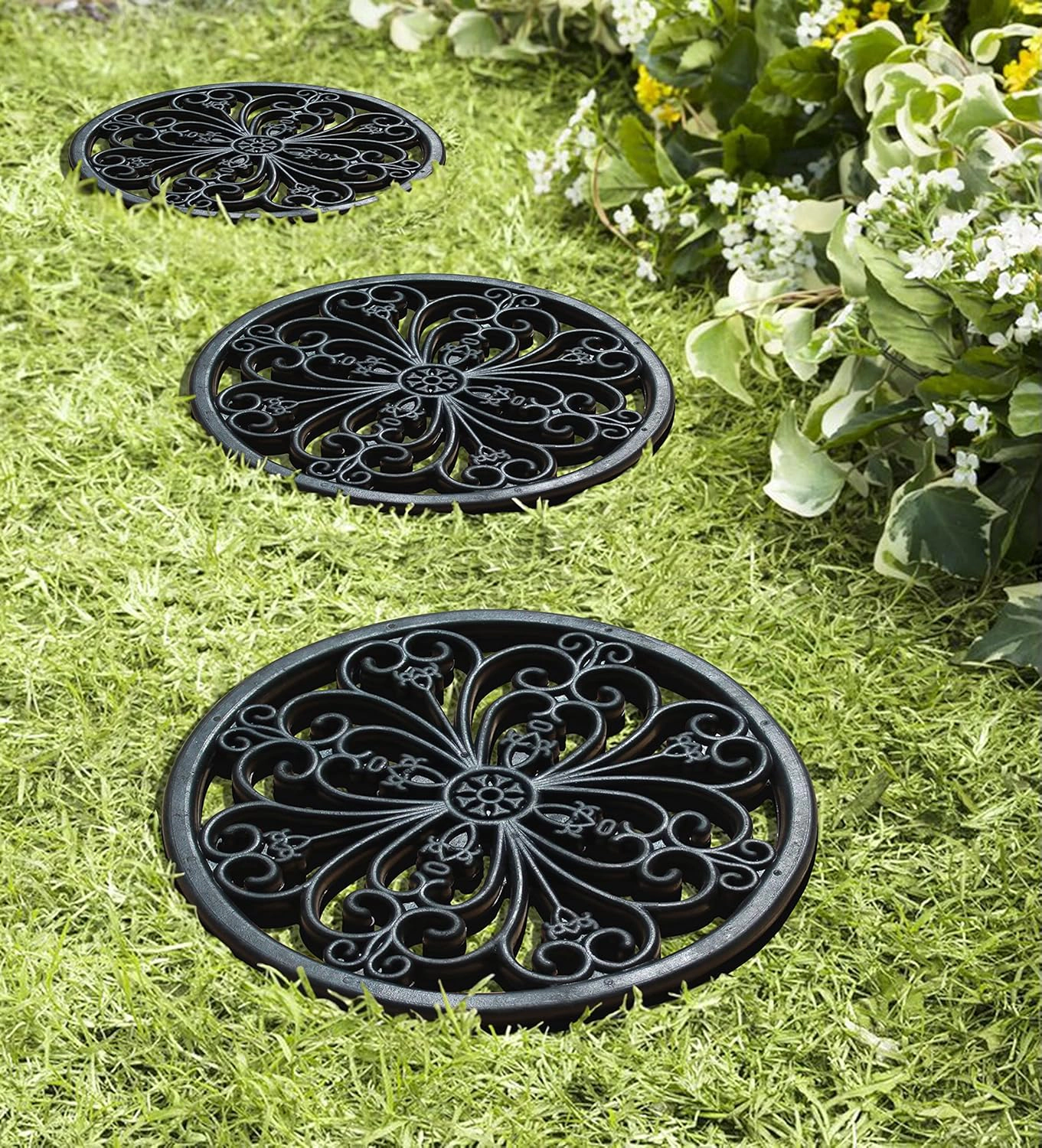 A1 Home Collections Classic Paisley Black Rubber Garden Stepping Stone Mats Set of 4, 12 x 12 In