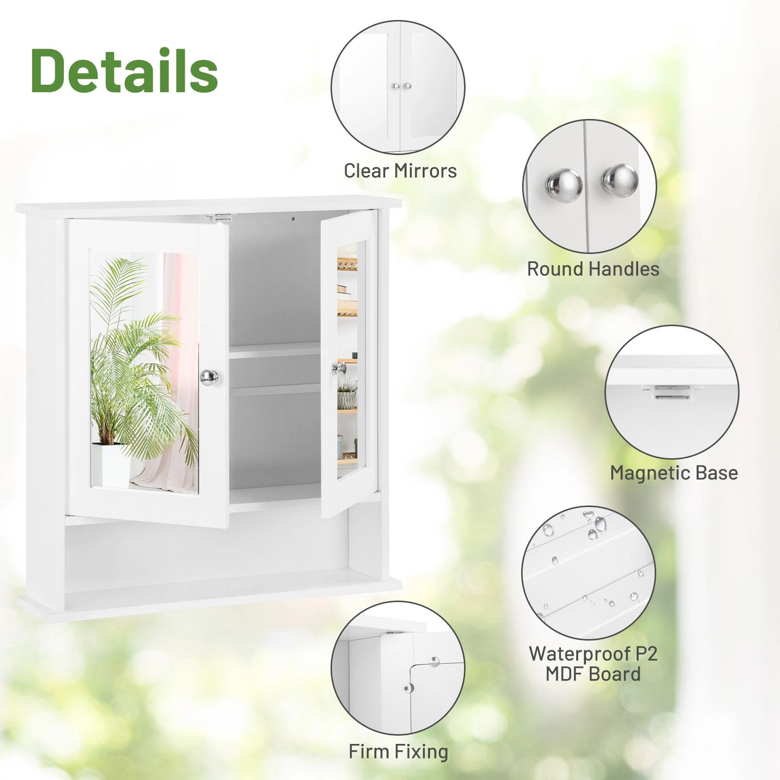 SlickBlue Double Door Mirrored Bathroom Storage Cabinet, White
