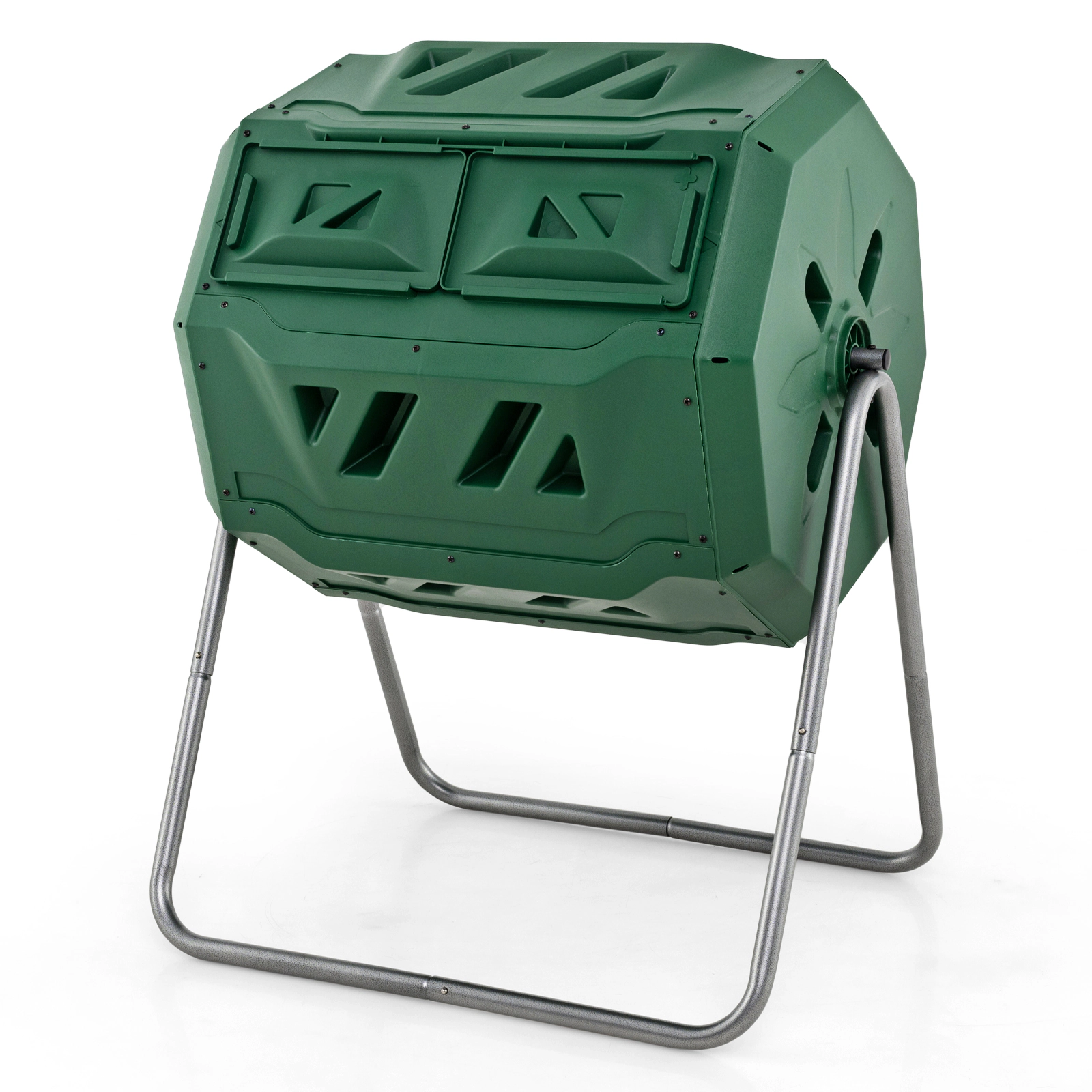 SUGIFT 43-gal Dual Chamber Rotating Compost Bin Barrel with Sliding Doors and Deep Aeration Fins